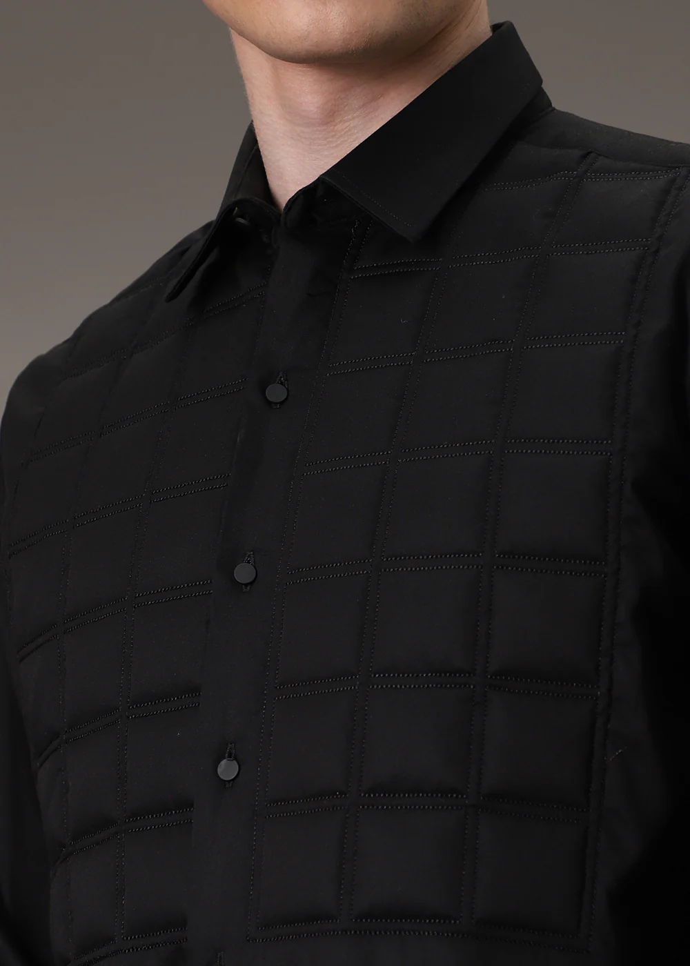 Black Padded Check Designer Shirt - Image 2