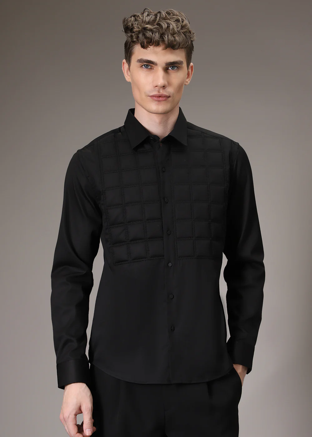 Black Padded Check Designer Shirt - Image 3