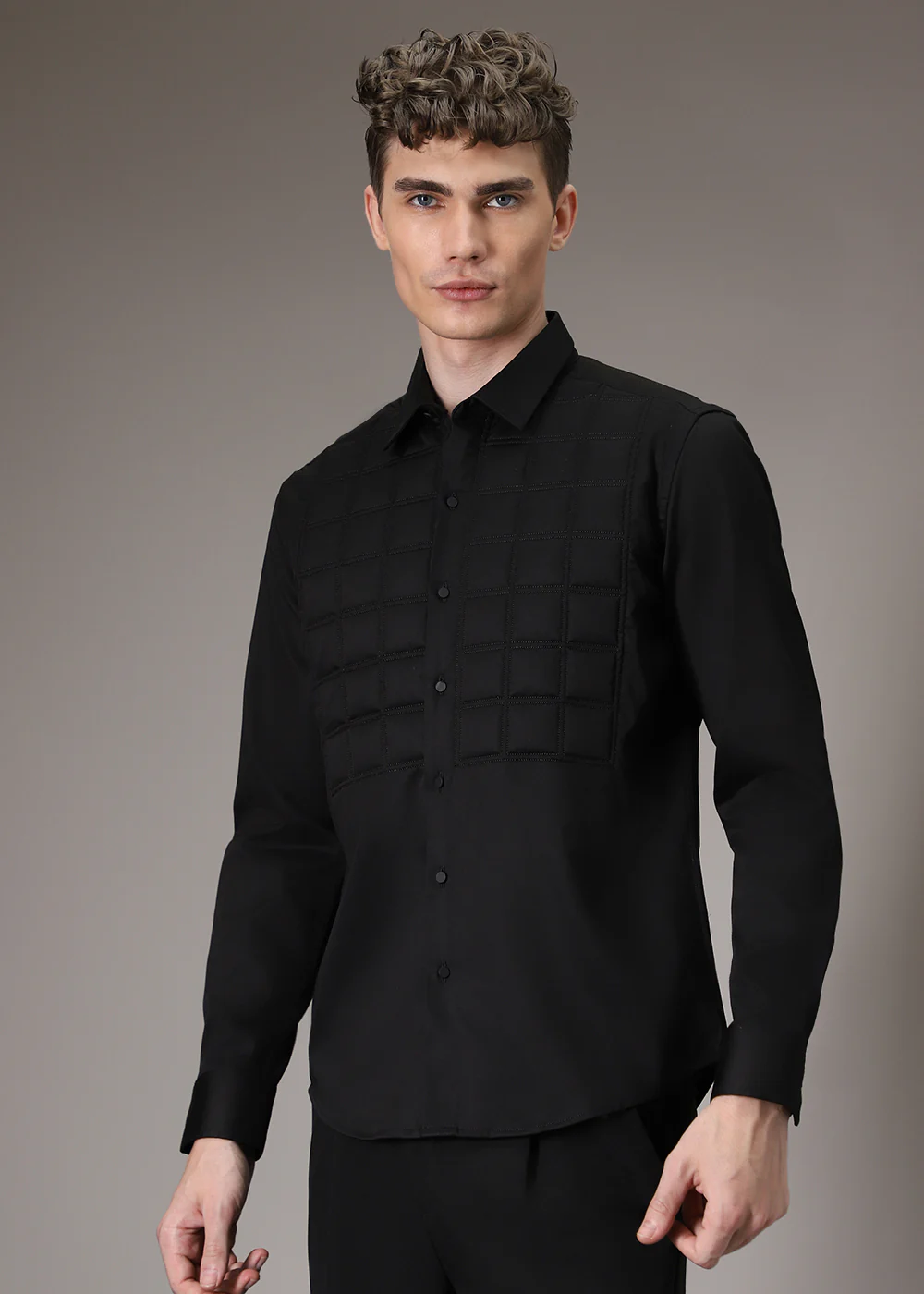 Black Padded Check Designer Shirt - Image 5