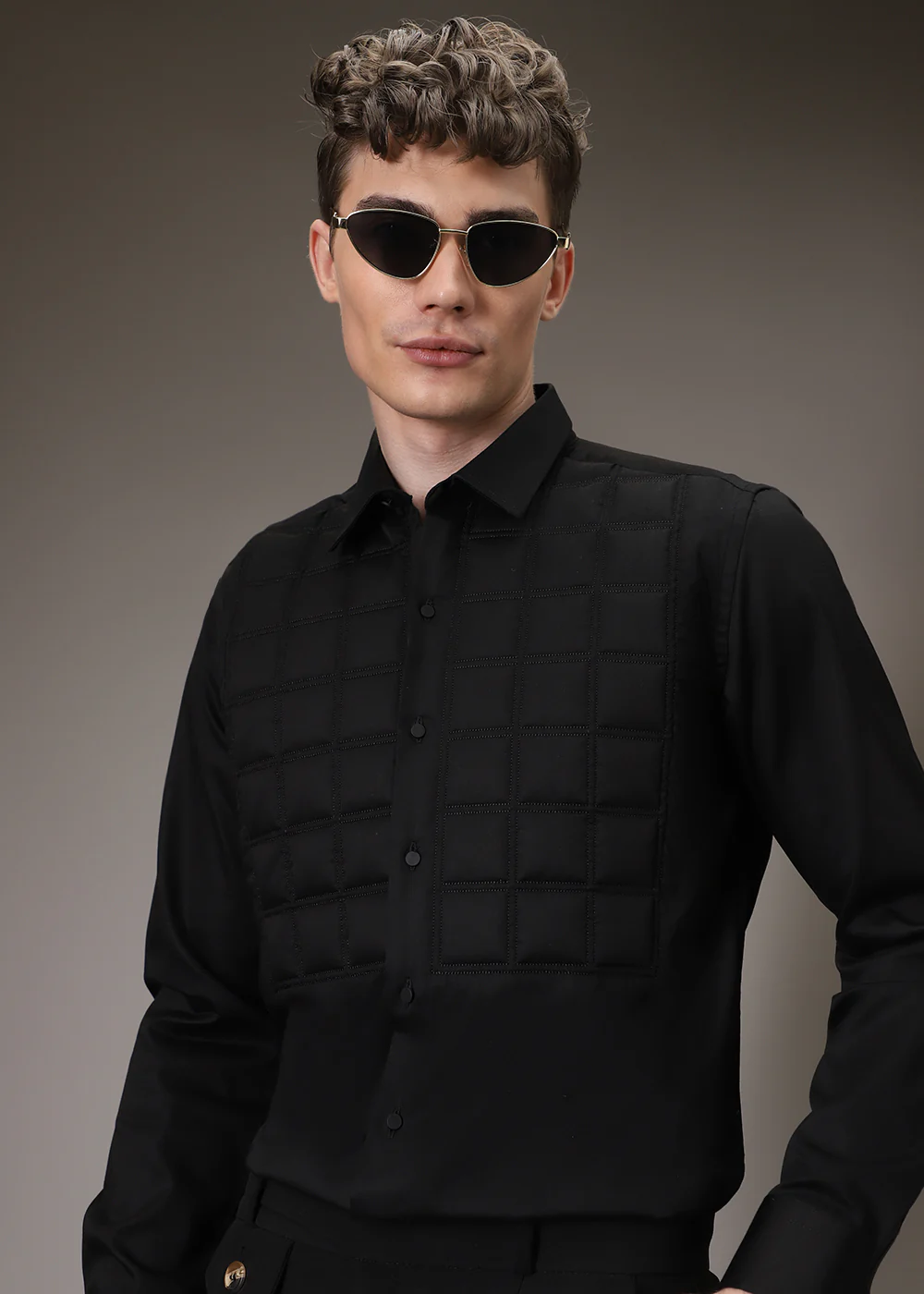 Black Padded Check Designer Shirt - Image 7