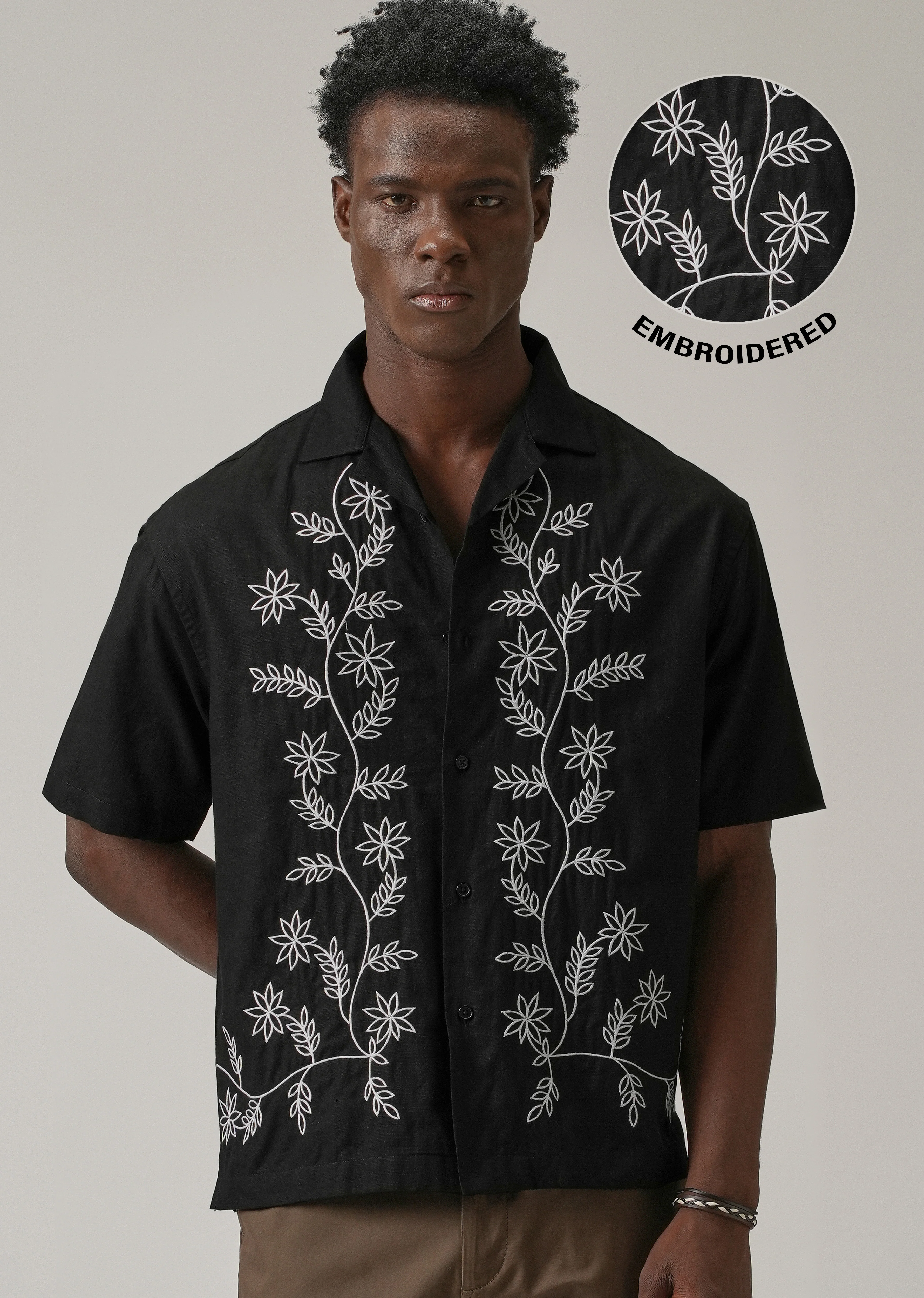 Black Pattern Embroidery Linen Shirt - Image 8