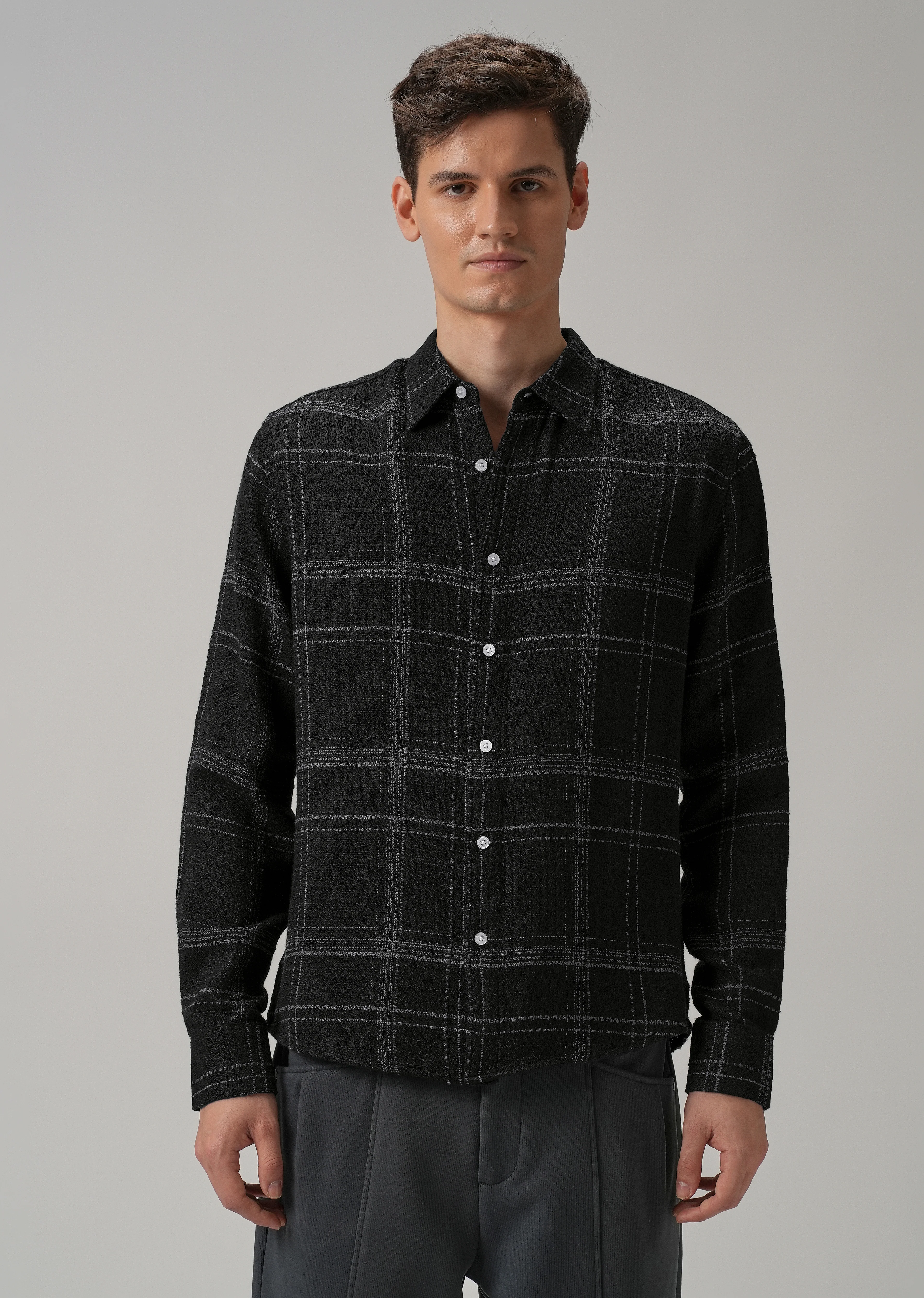 Black Plaid Textured Cotton Check Shirt - Image 3