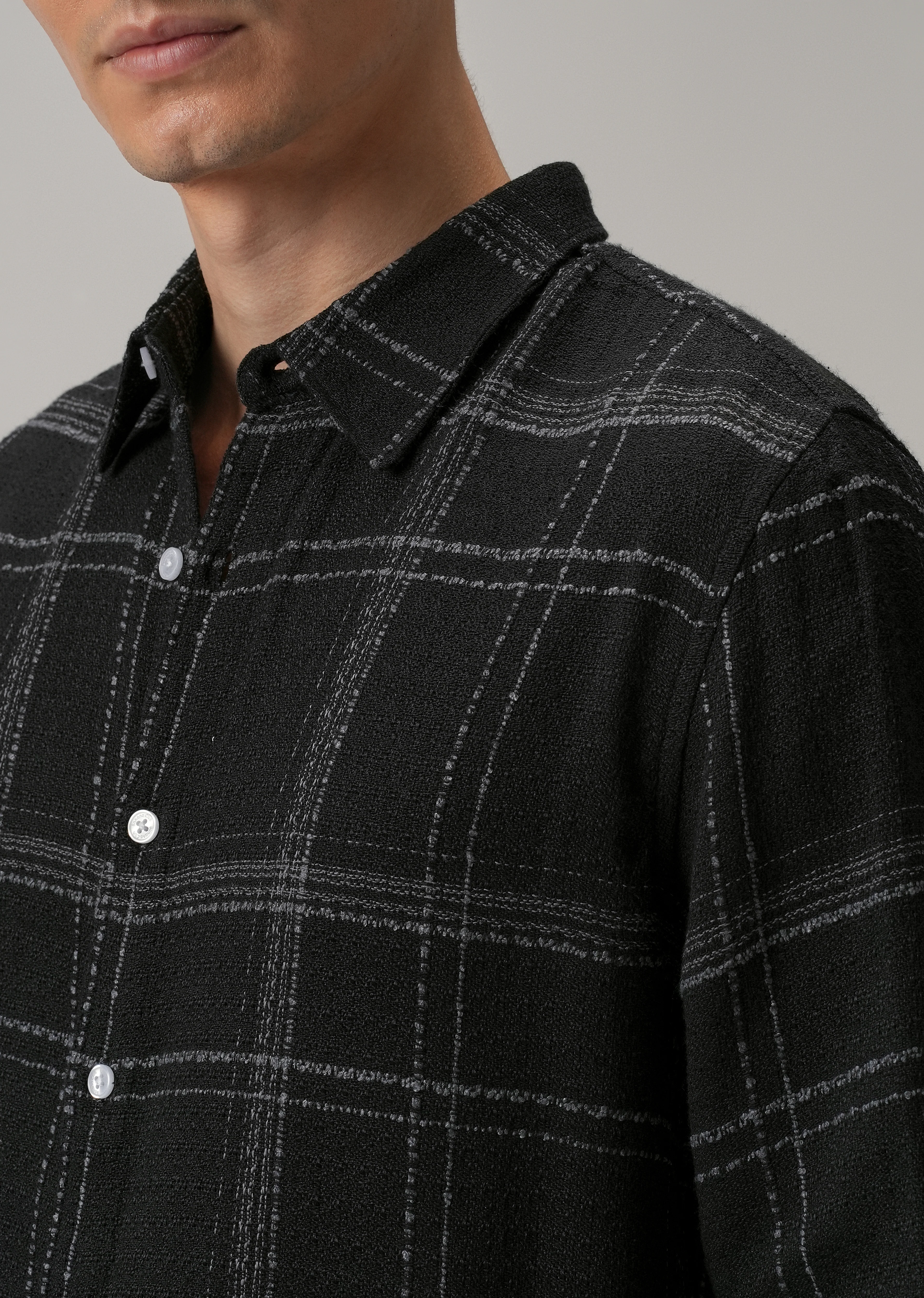 Black Plaid Textured Cotton Check Shirt - Image 5