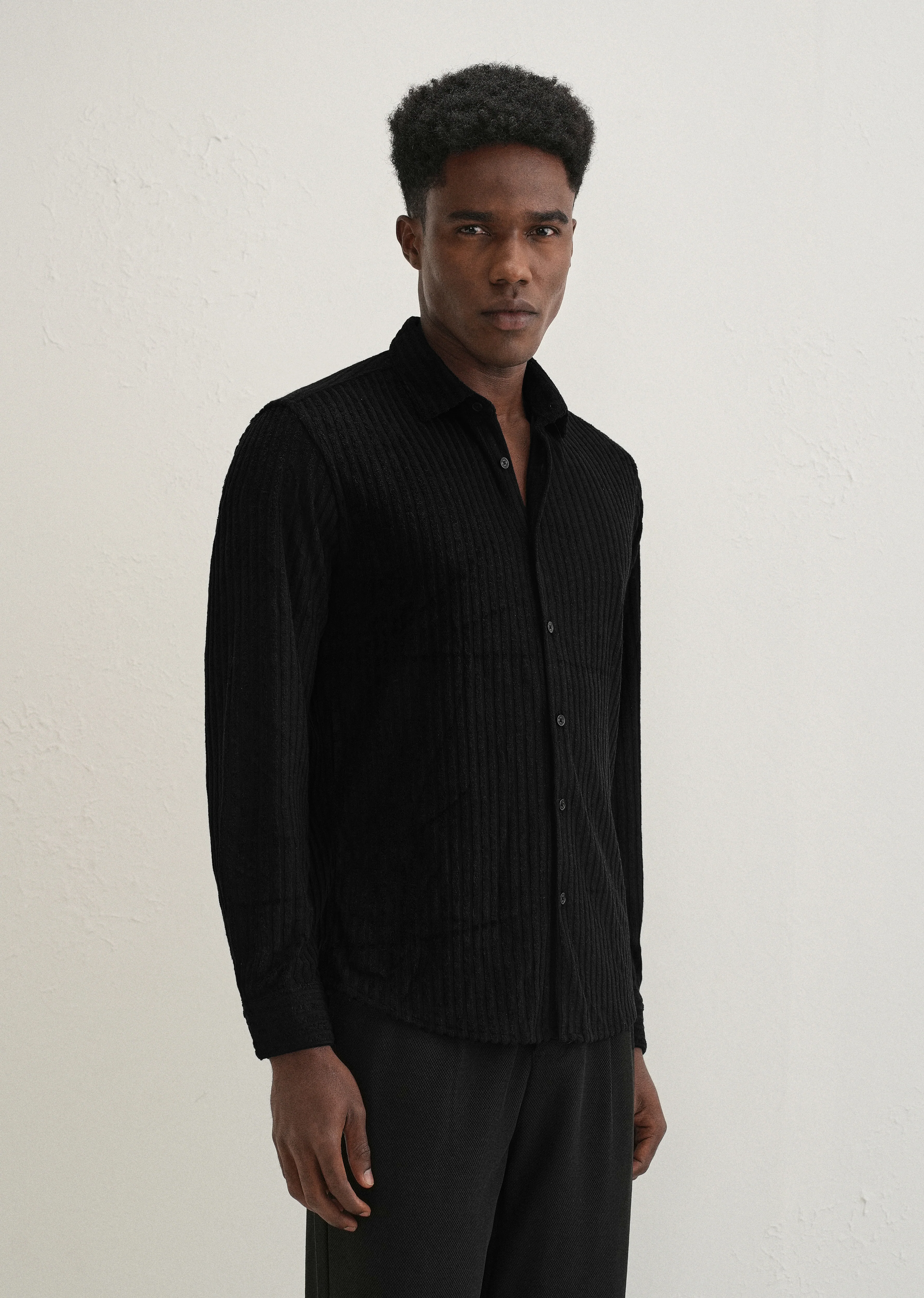 Black Plain Corduroy Stripe Shirt - Image 4