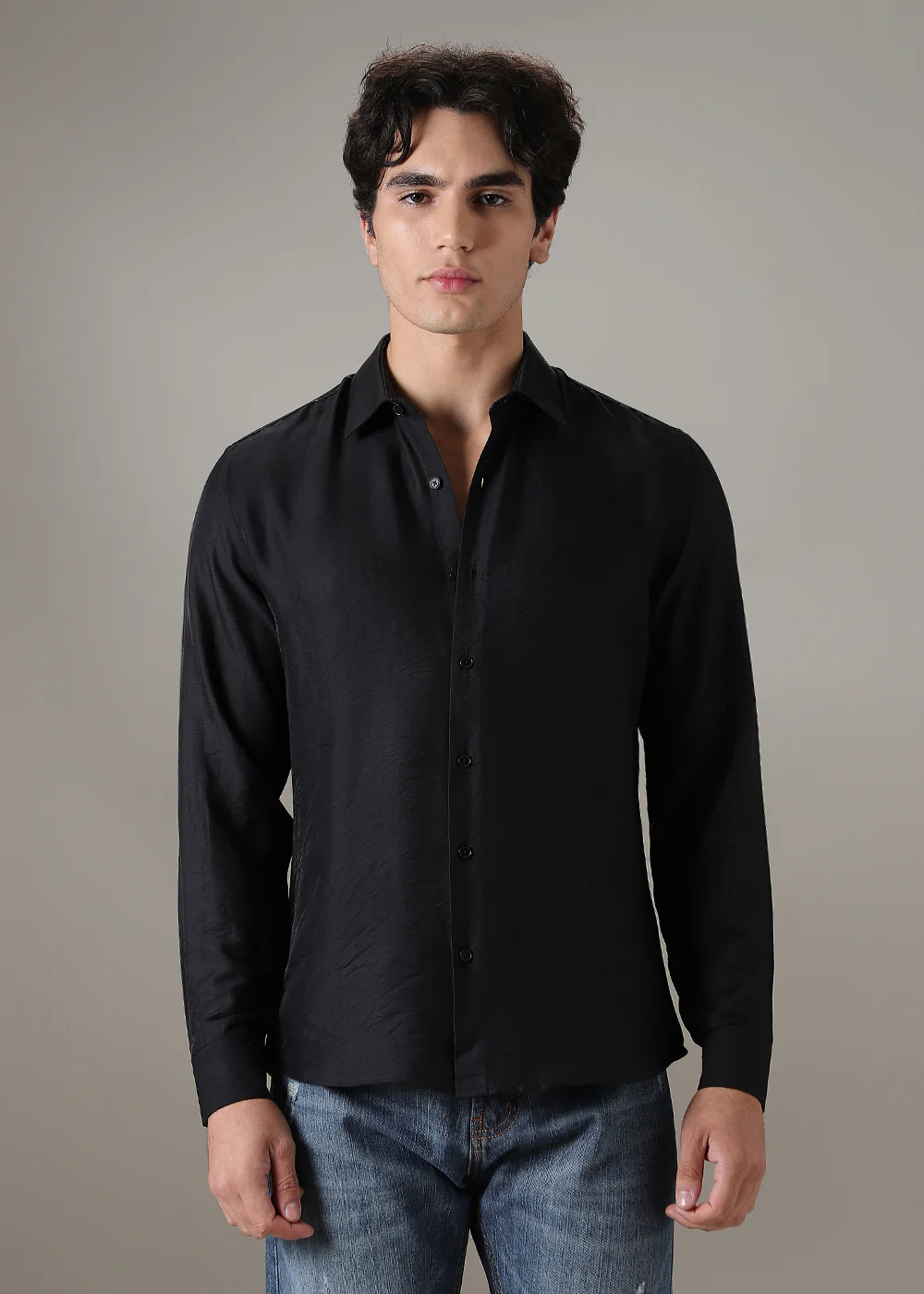 Black Plain Crushed Satin Shirt - Image 3