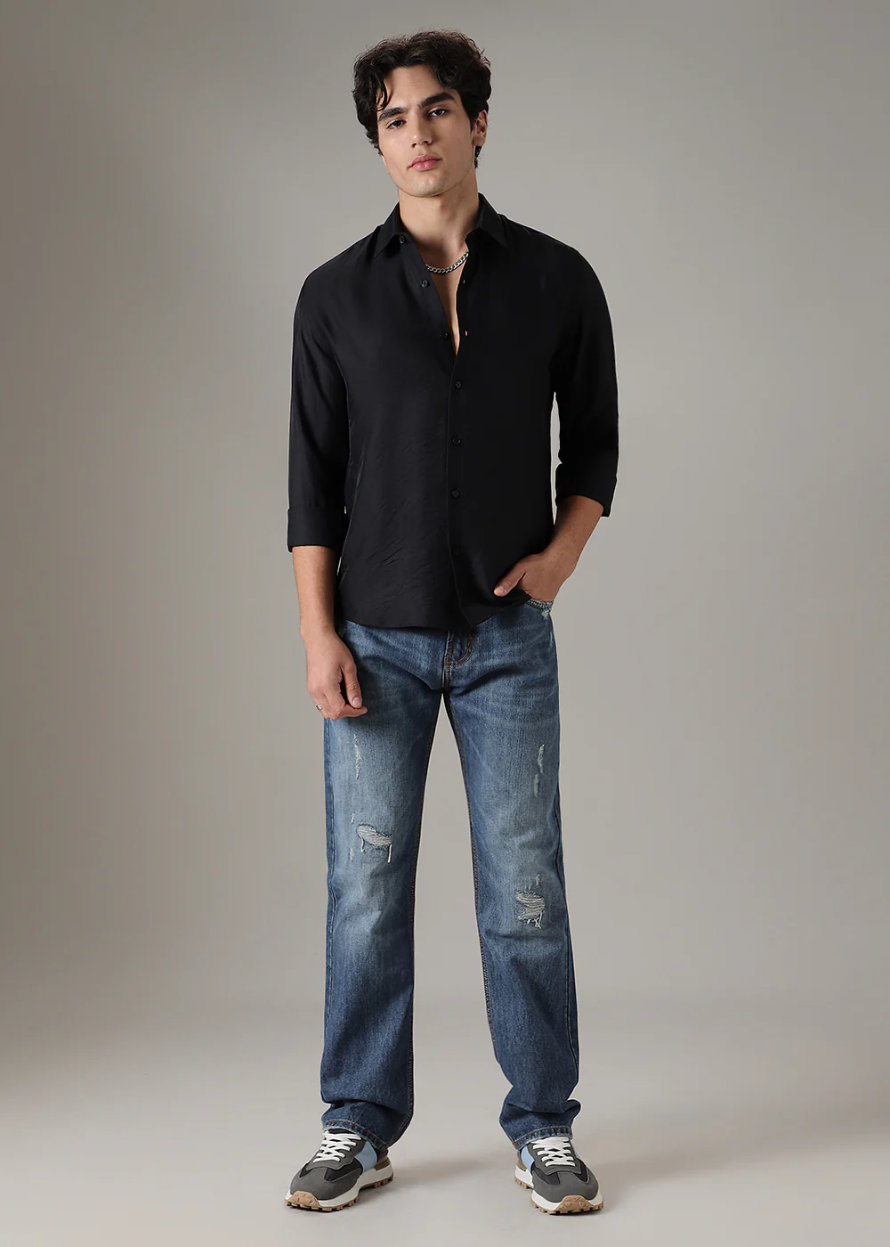 Black Plain Crushed Satin Shirt - Image 5