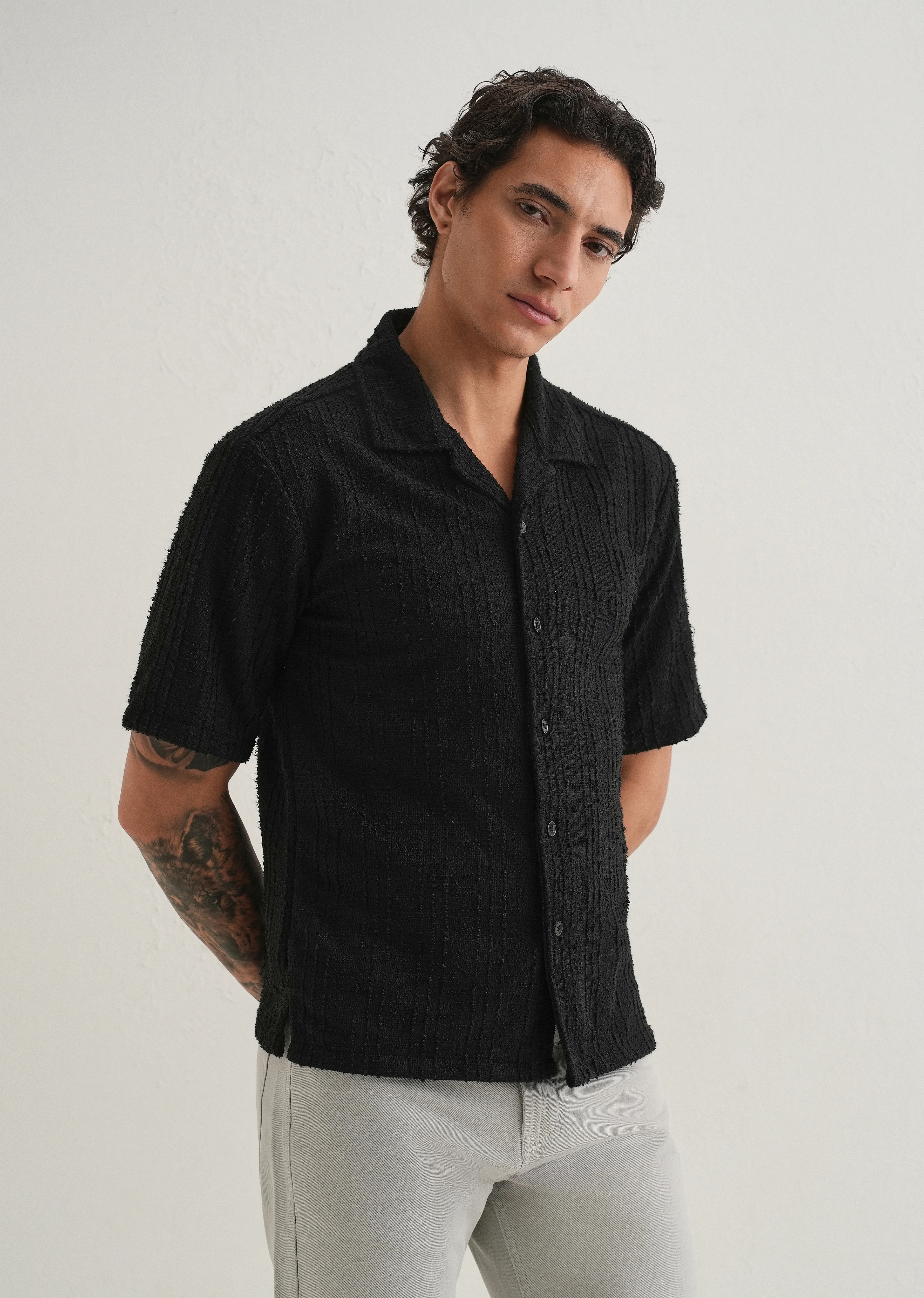Black Plain Cuban Collar Knitted Shirt - Image 4