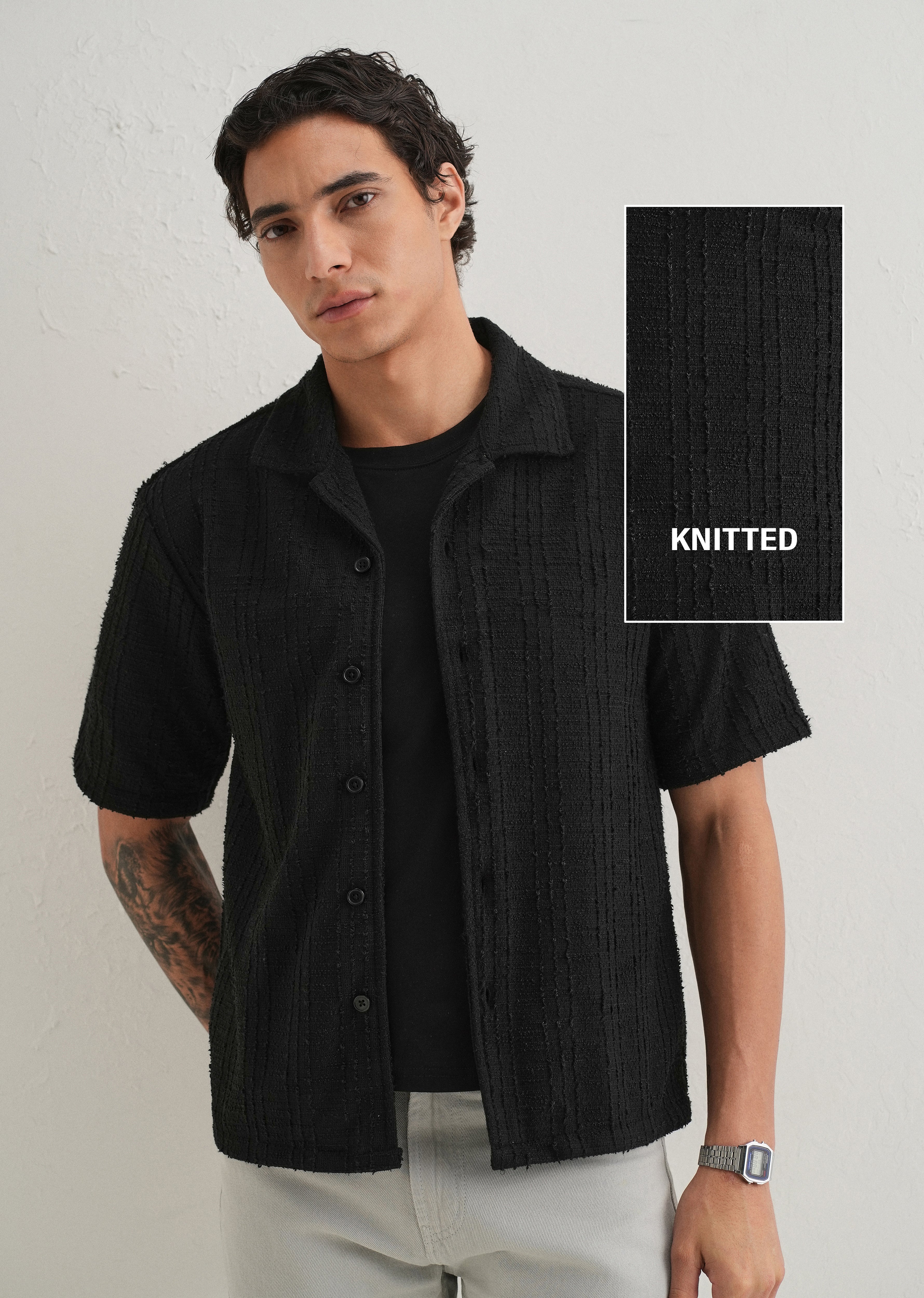 Black Plain Cuban Collar Knitted Shirt - Image 7