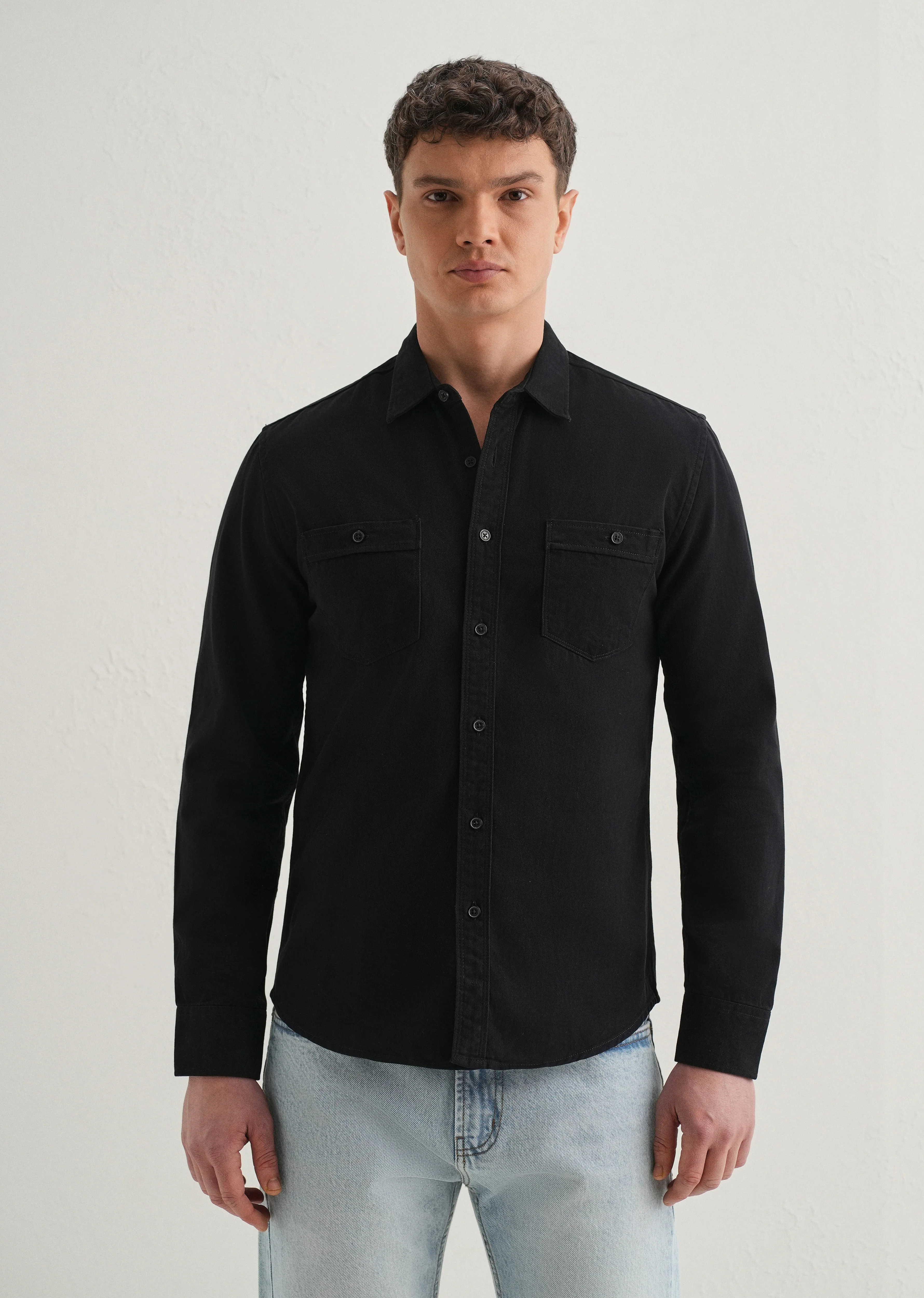 Black Plain Double Pocket Shirt - Image 3
