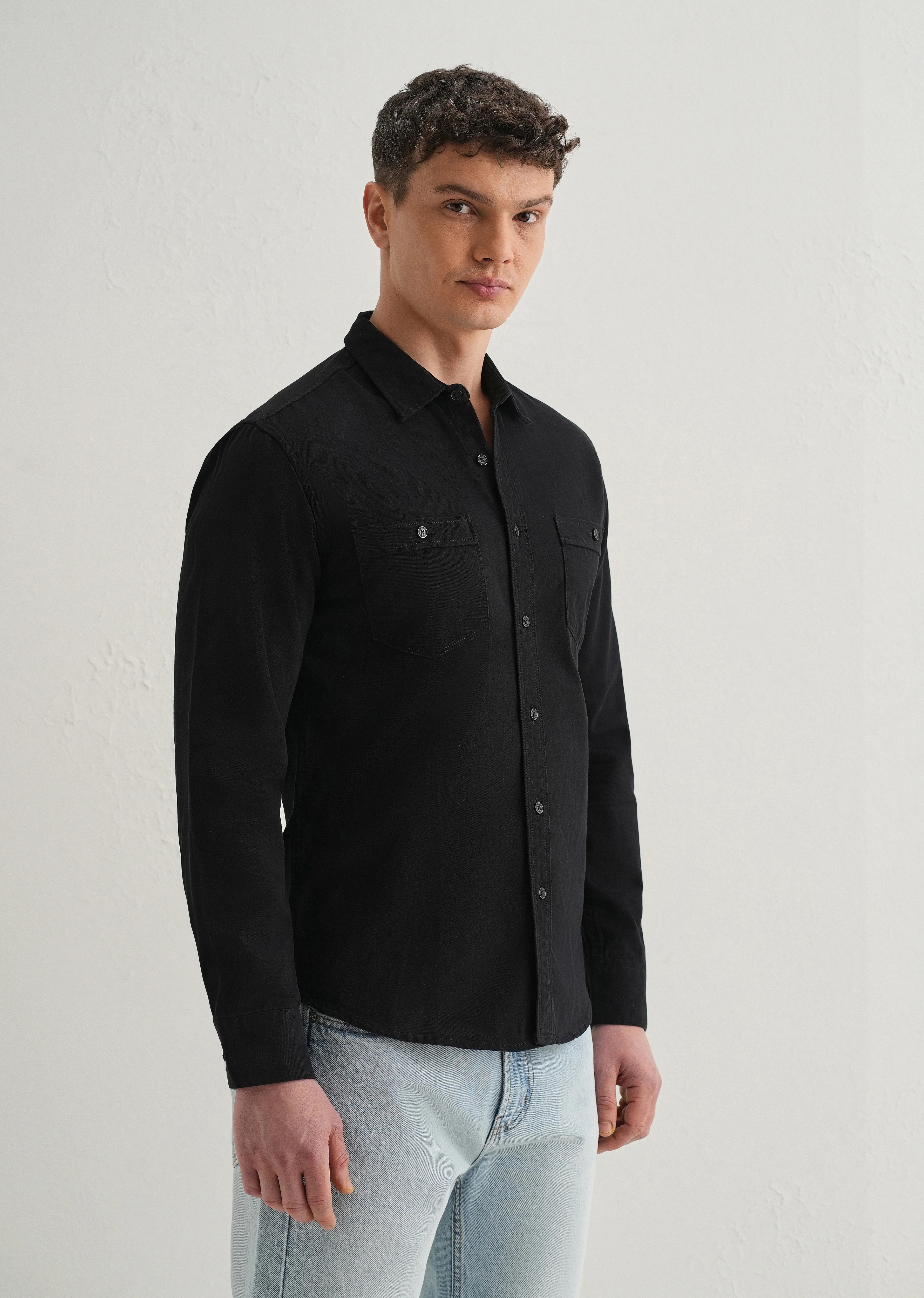 Black Plain Double Pocket Shirt - Image 4