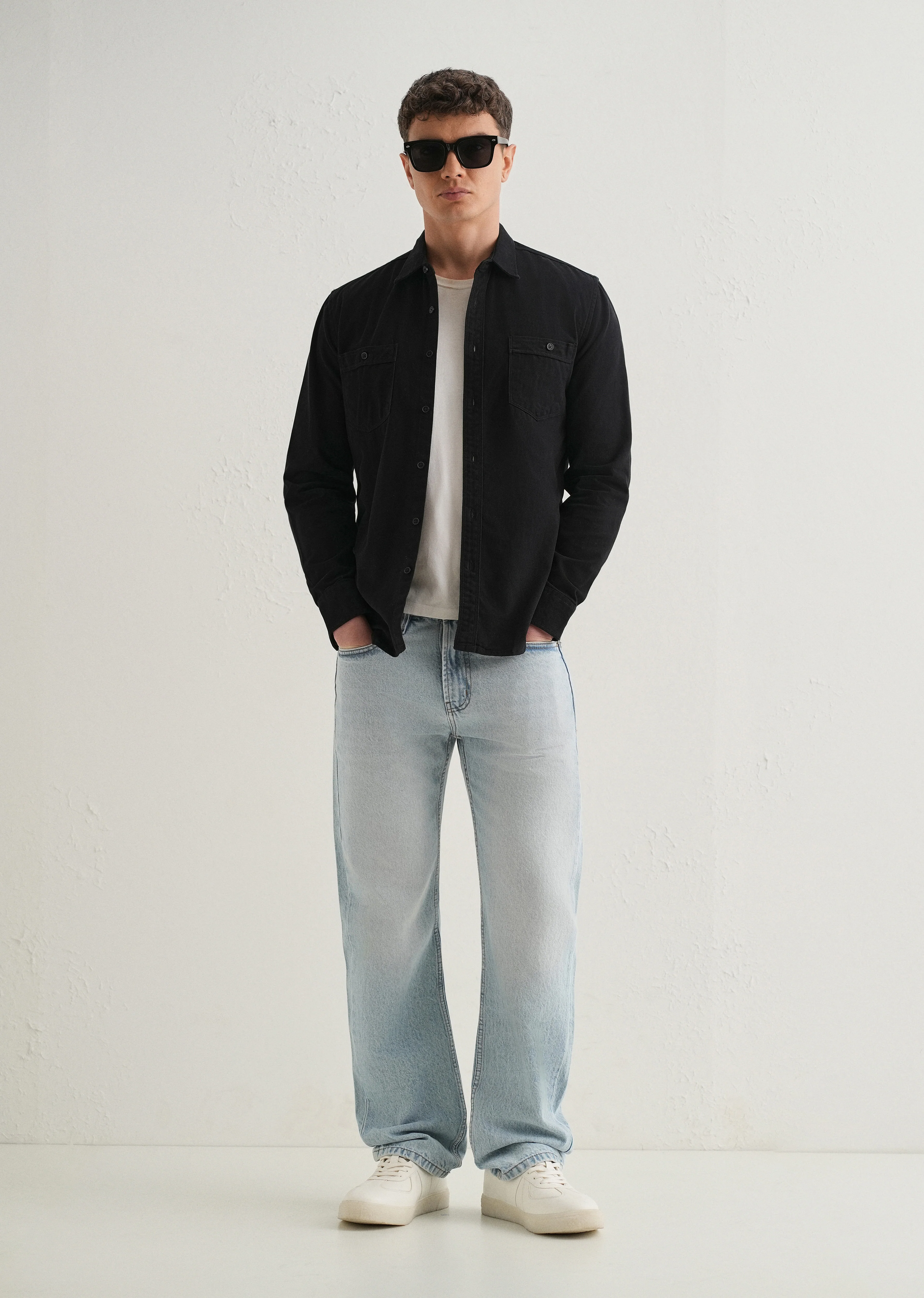 Black Plain Double Pocket Shirt - Image 6