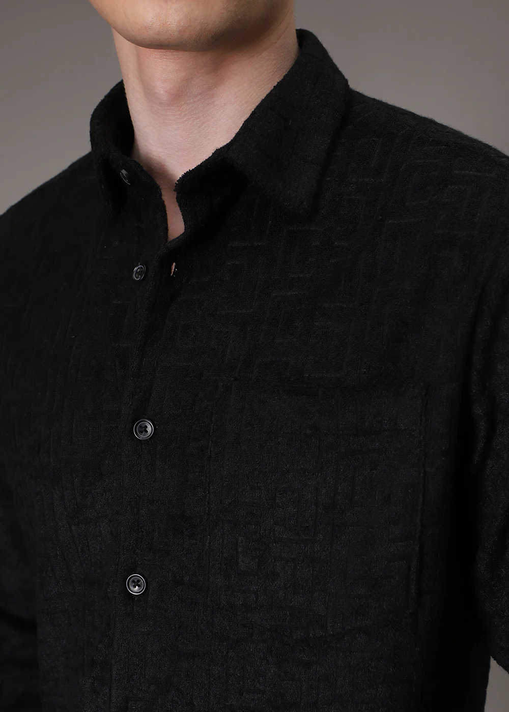 Black Plain Jacquard Knitted Shirt - Image 2