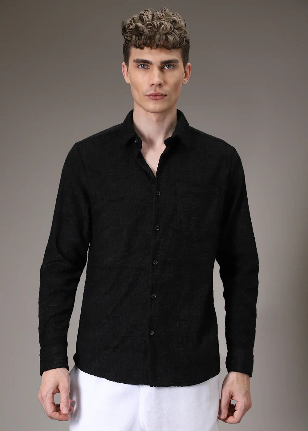 Black Plain Jacquard Knitted Shirt - Image 3
