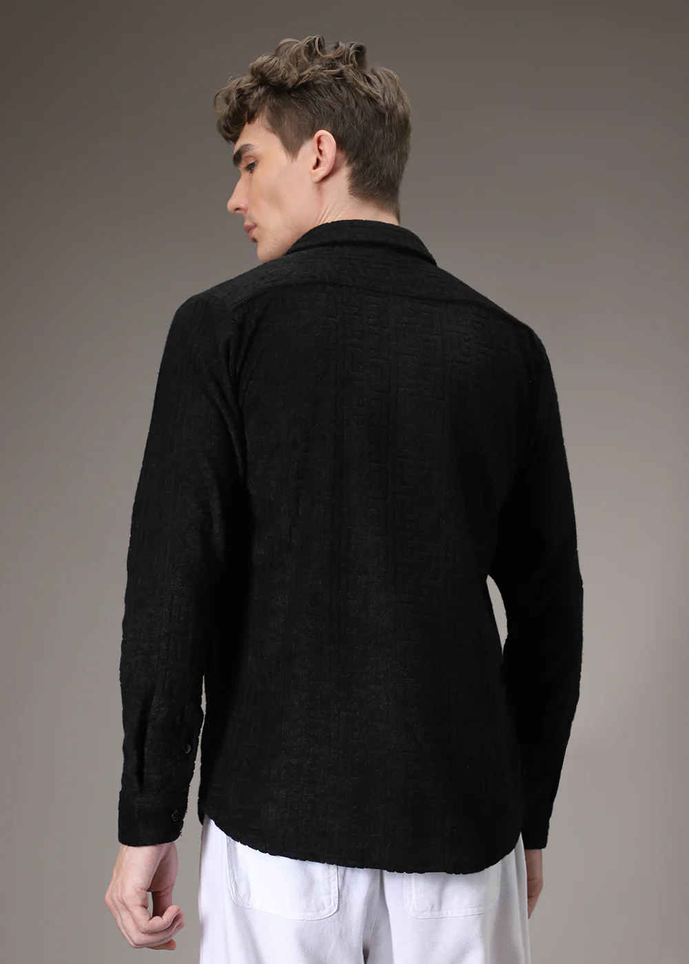 Black Plain Jacquard Knitted Shirt - Image 4