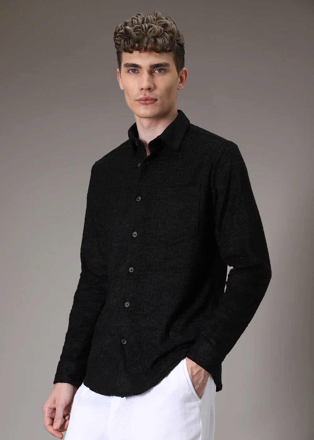 Black Plain Jacquard Knitted Shirt - Image 5