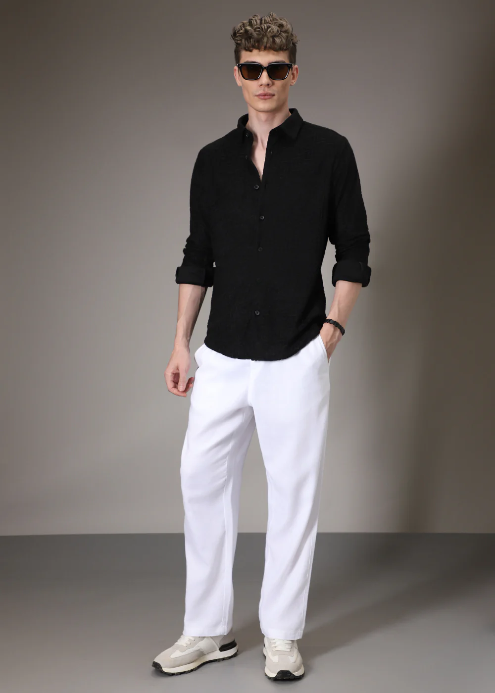 Black Plain Jacquard Knitted Shirt - Image 6