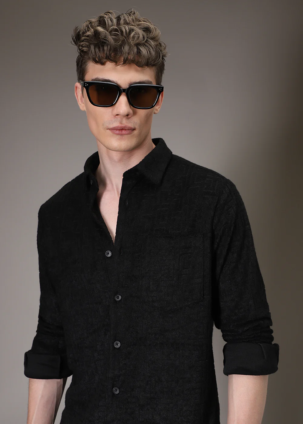 Black Plain Jacquard Knitted Shirt - Image 7