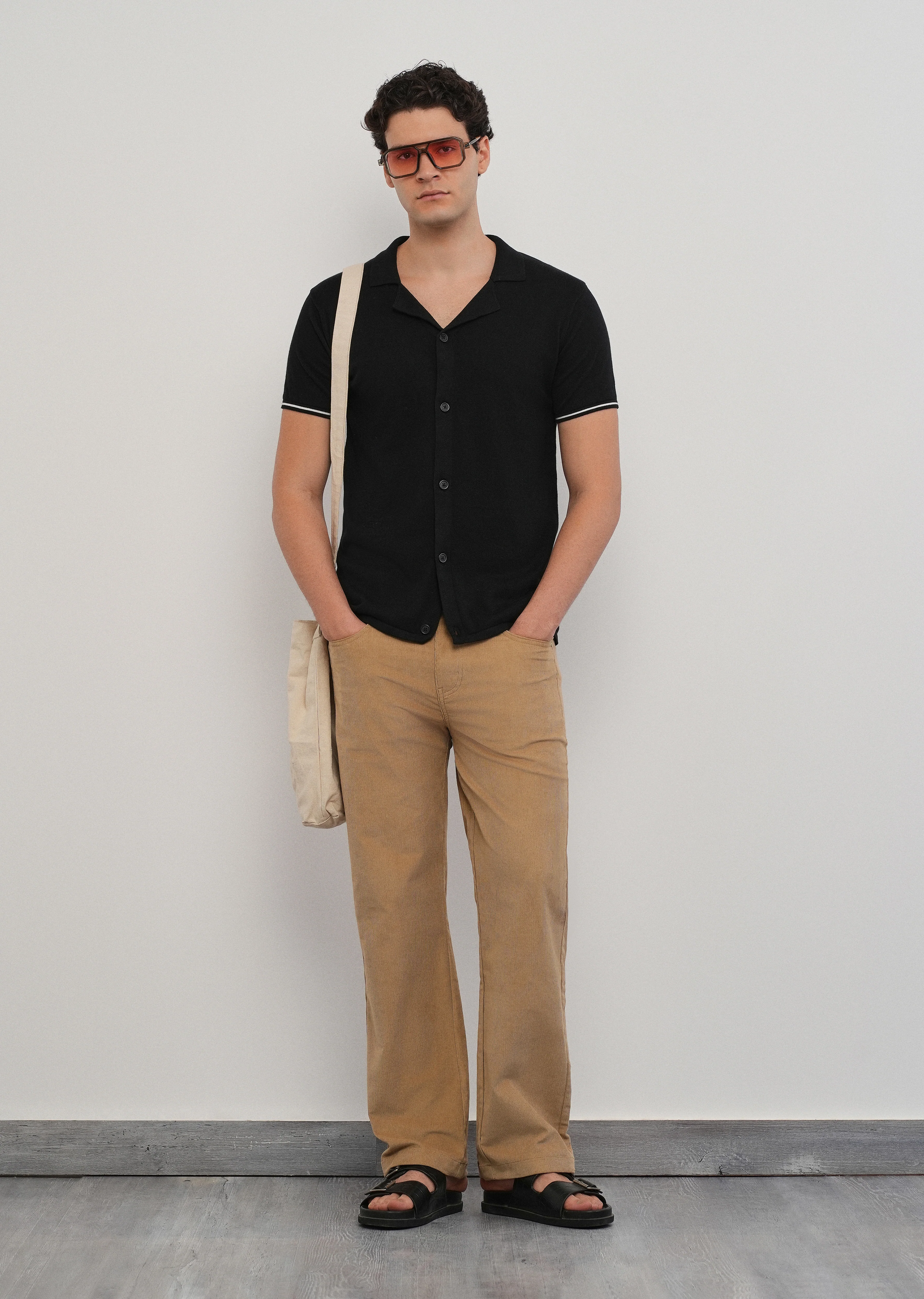 Black Plain Knit Cuban Collar Shirt - Image 6