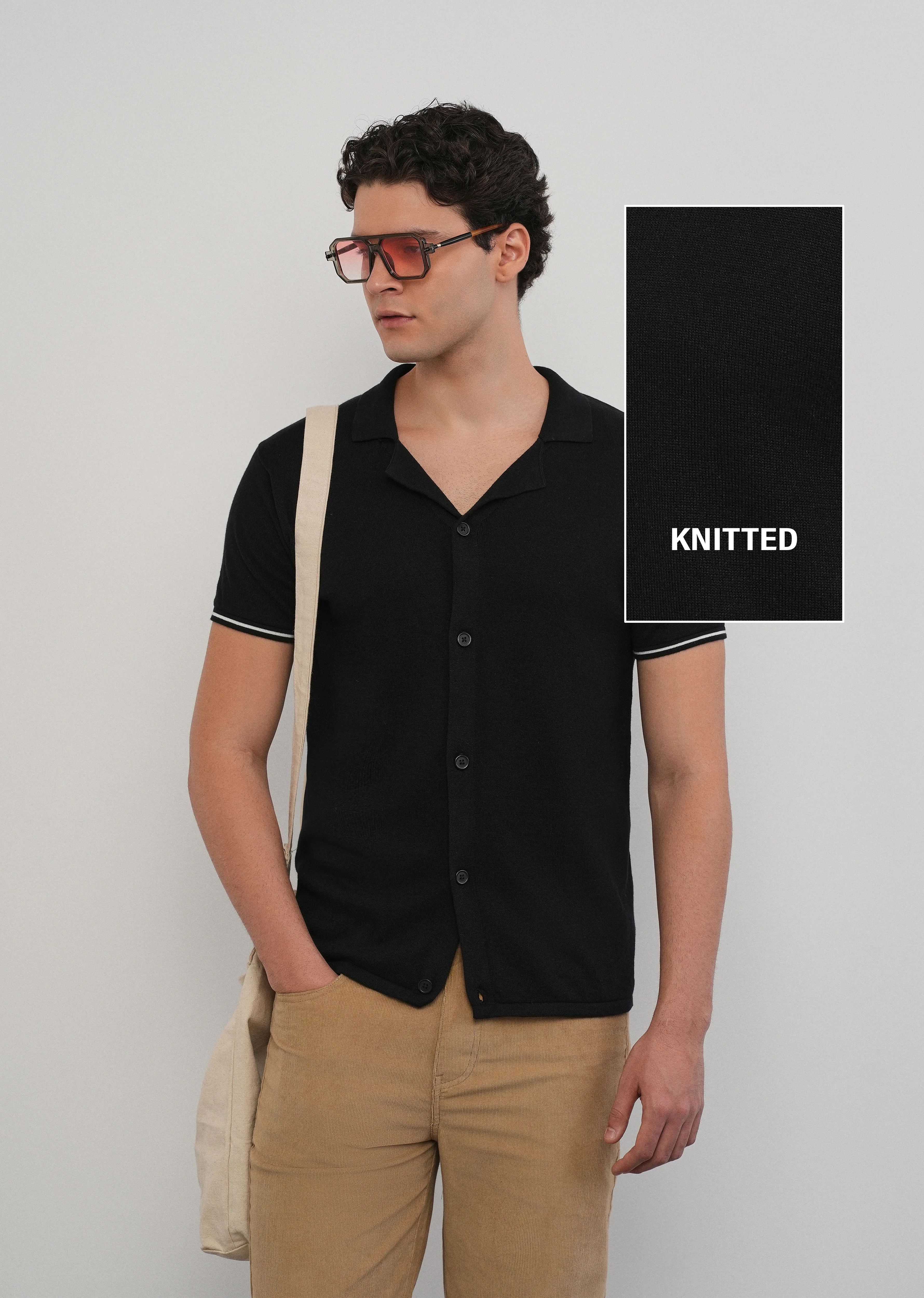 Black Plain Knit Cuban Collar Shirt - Image 7