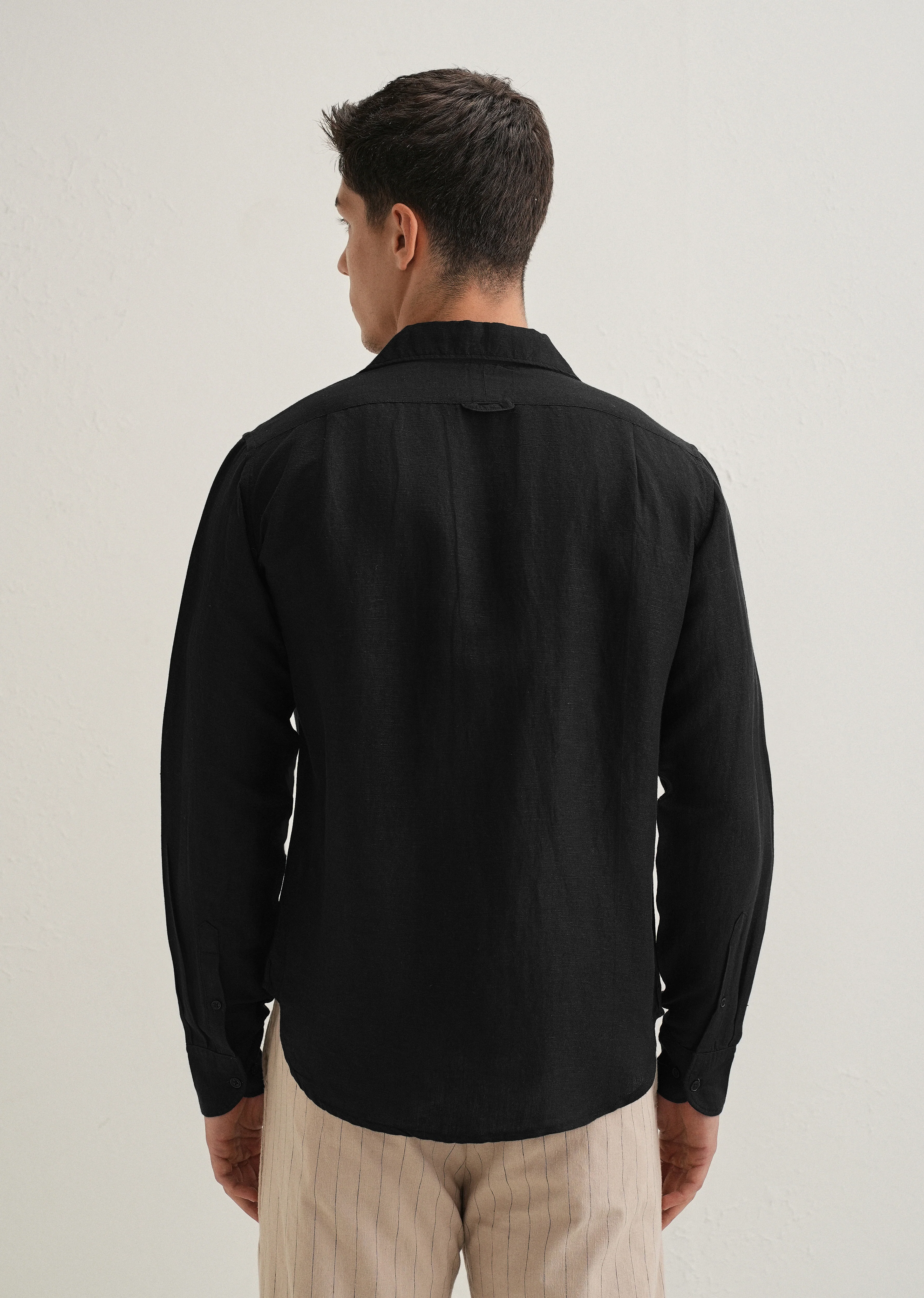 Black Plain Linen Viscose Shirt - Image 3