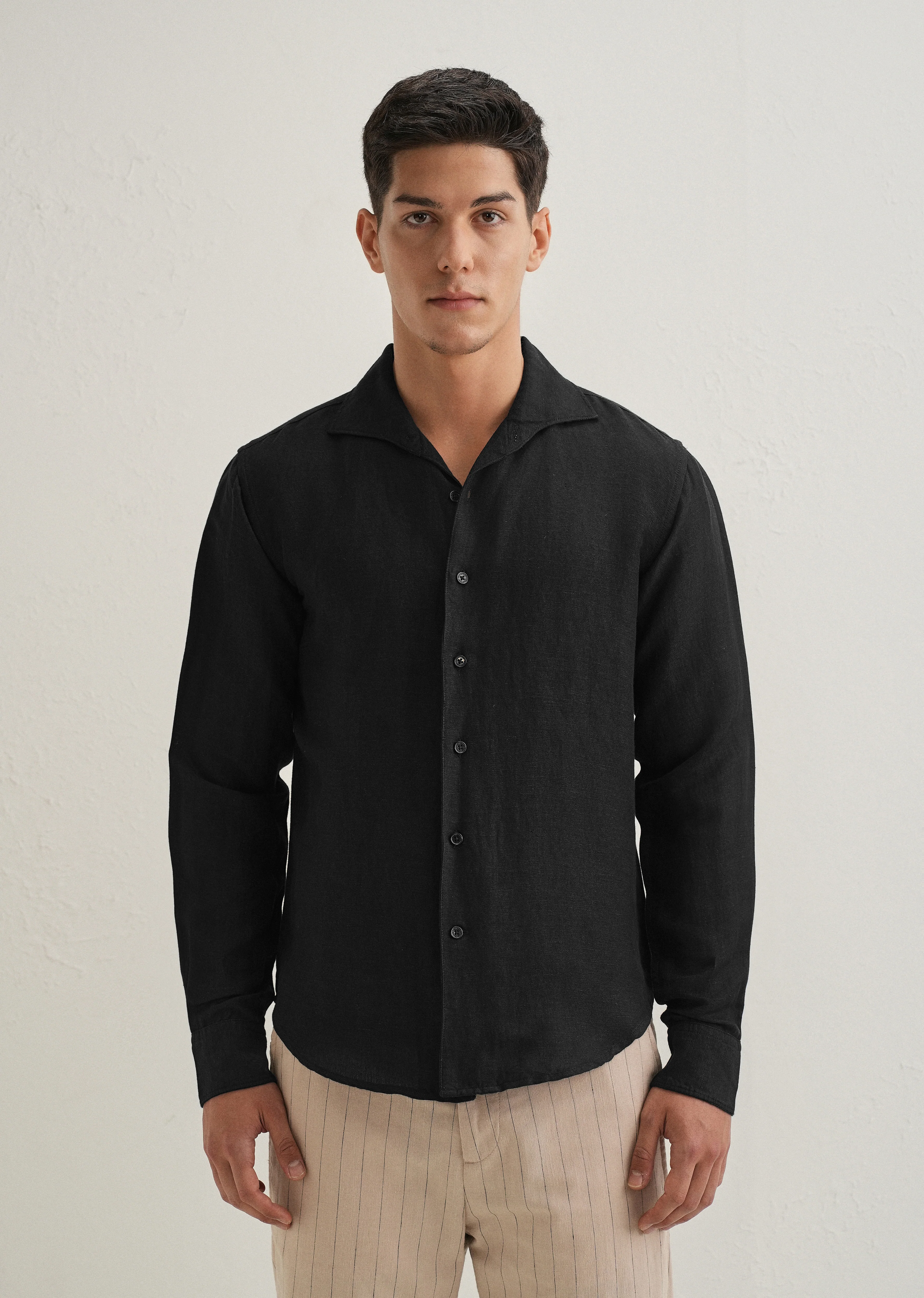 Black Plain Linen Viscose Shirt - Image 4
