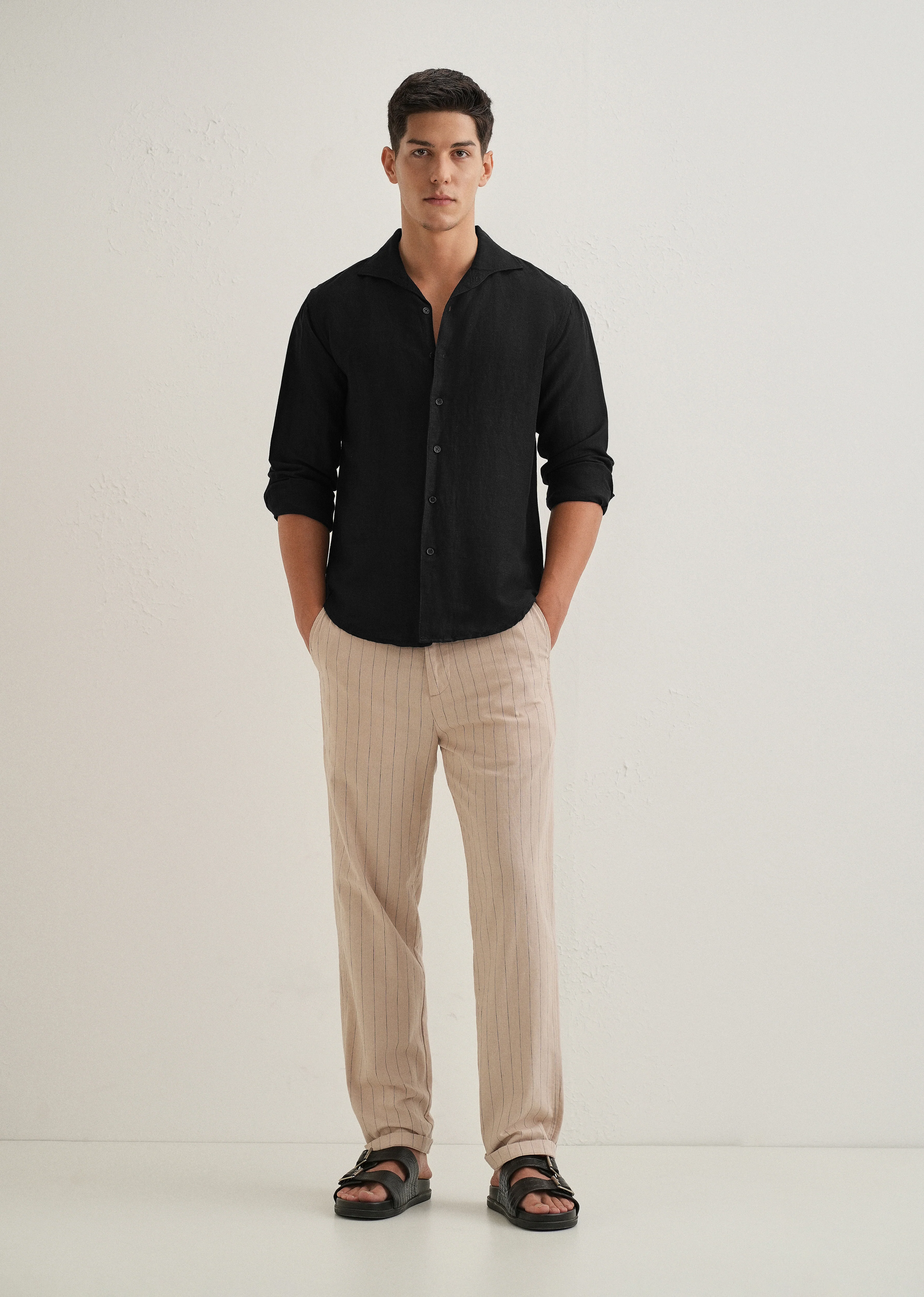 Black Plain Linen Viscose Shirt - Image 6