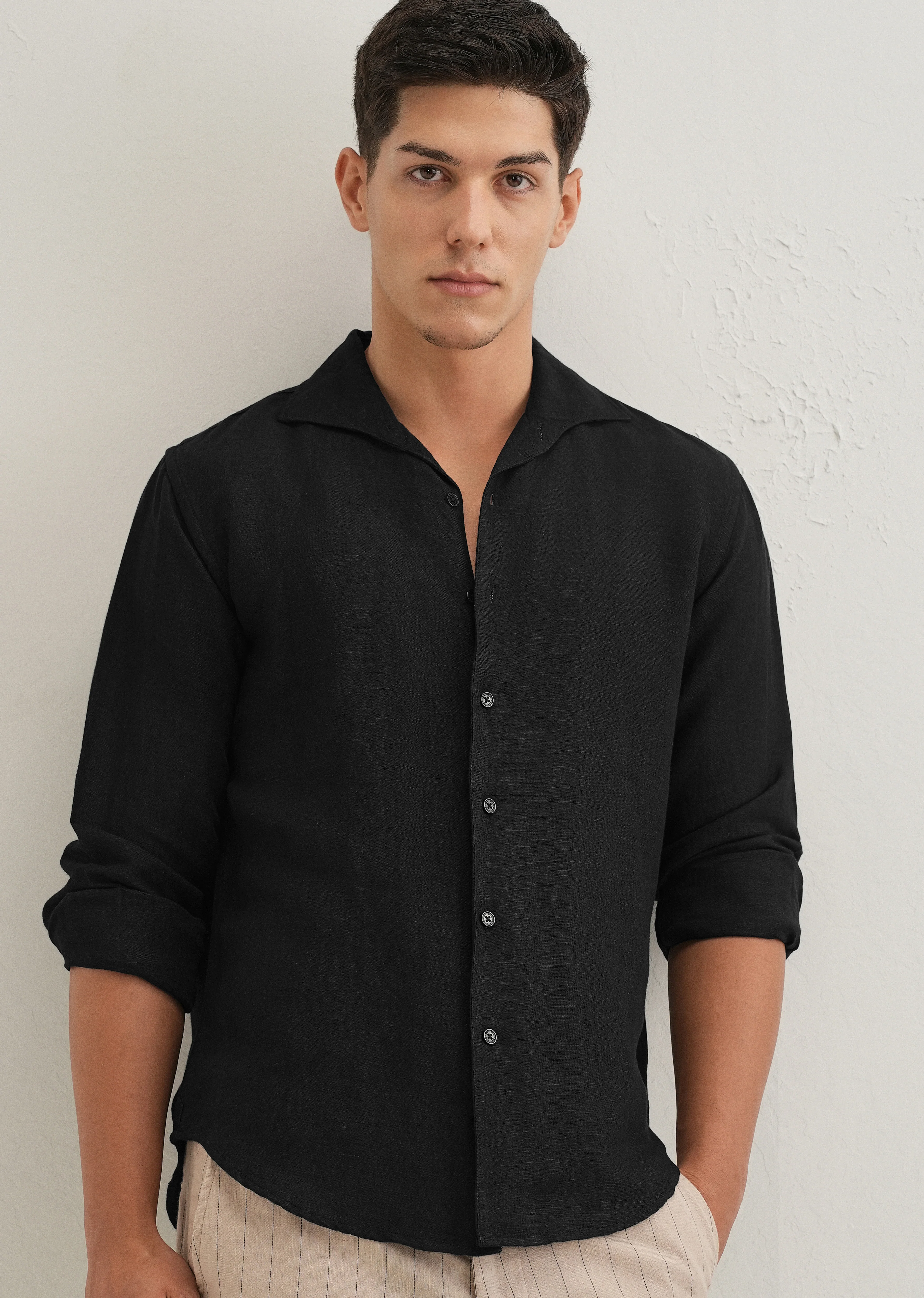 Black Plain Linen Viscose Shirt - Image 7