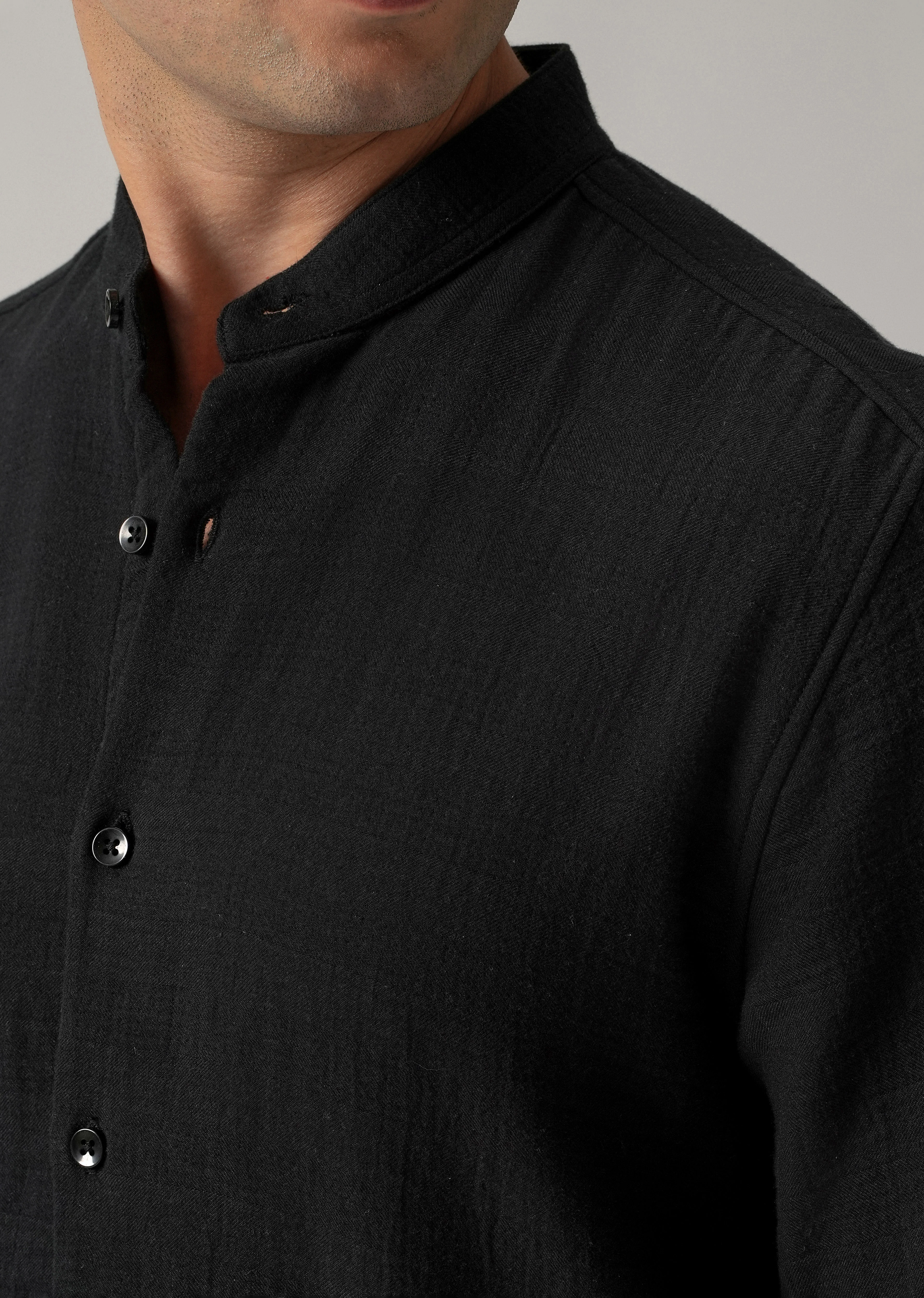 Black Plain Mandarin Collar Cotton Shirt - Image 5