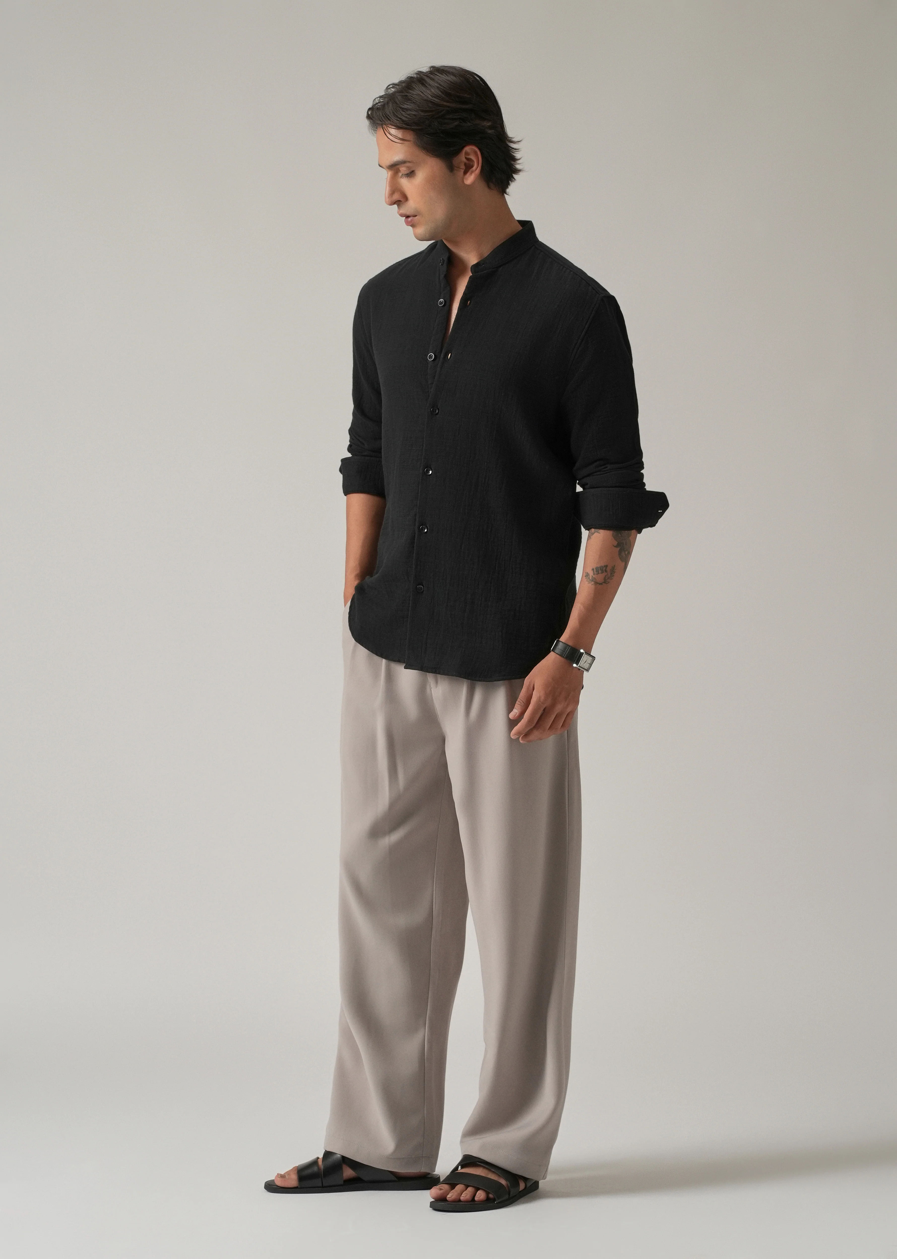 Black Plain Mandarin Collar Cotton Shirt - Image 6