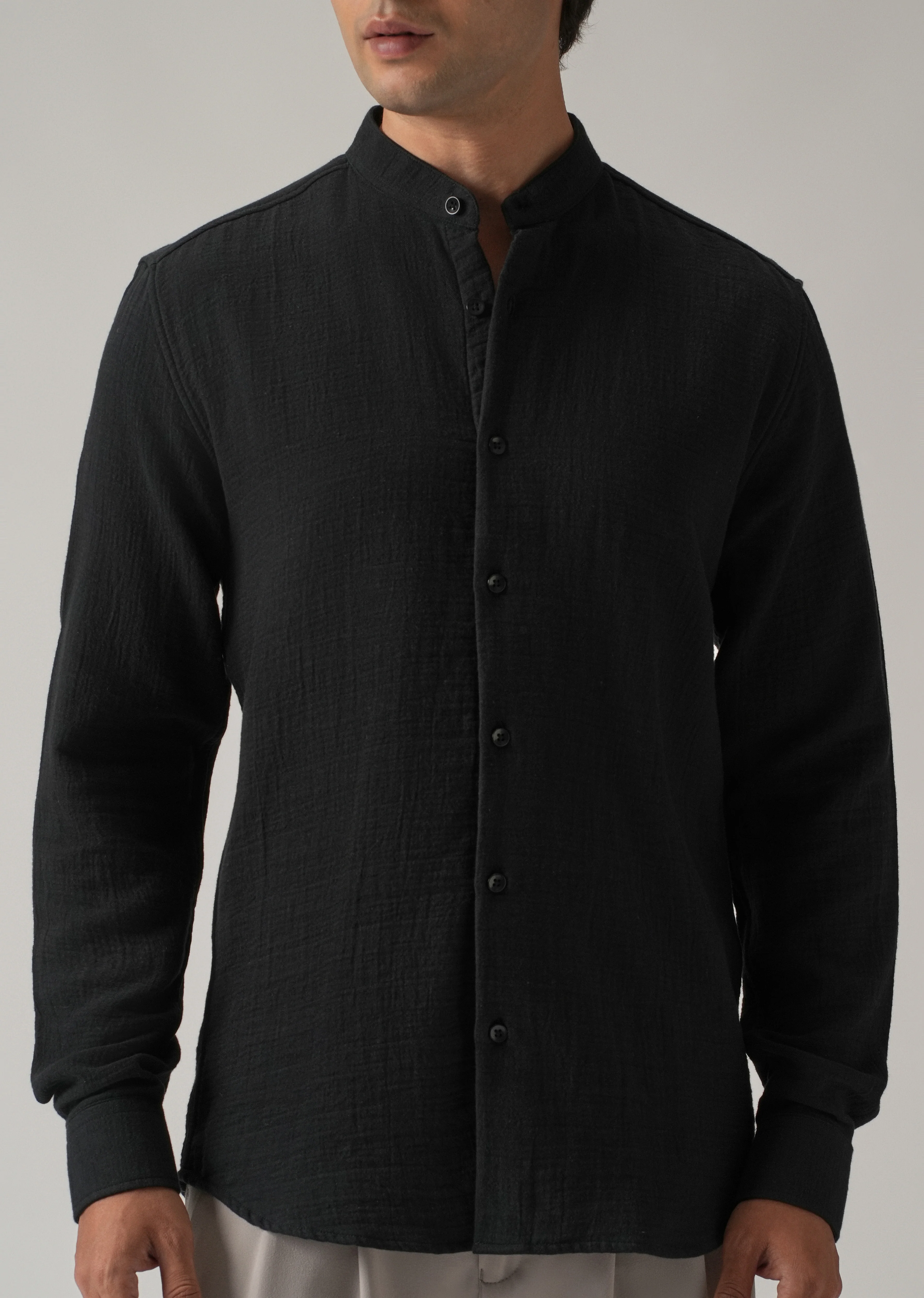Black Plain Mandarin Collar Cotton Shirt - Image 7