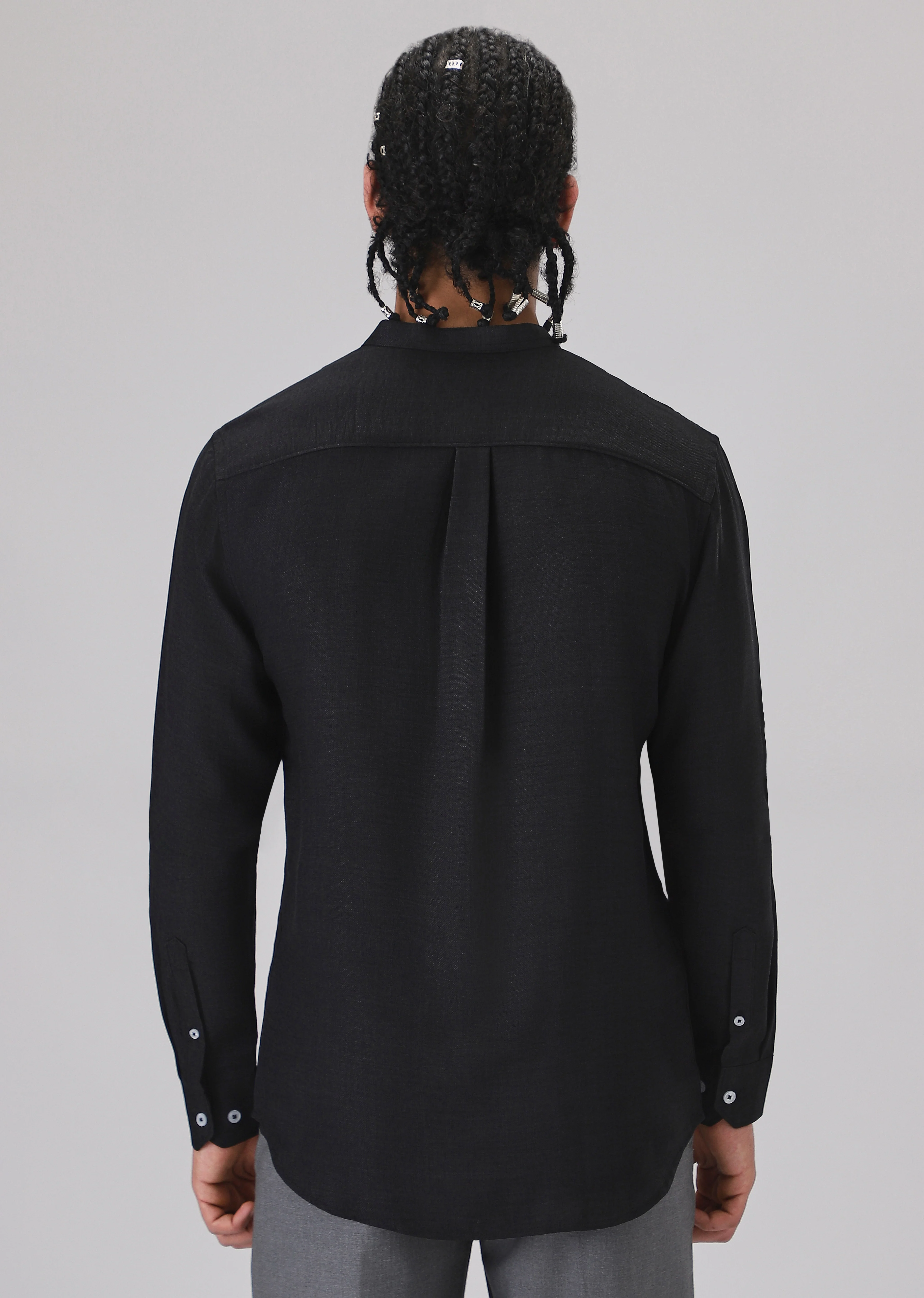 Black Plain Mandarin Collar Shirt - Image 2