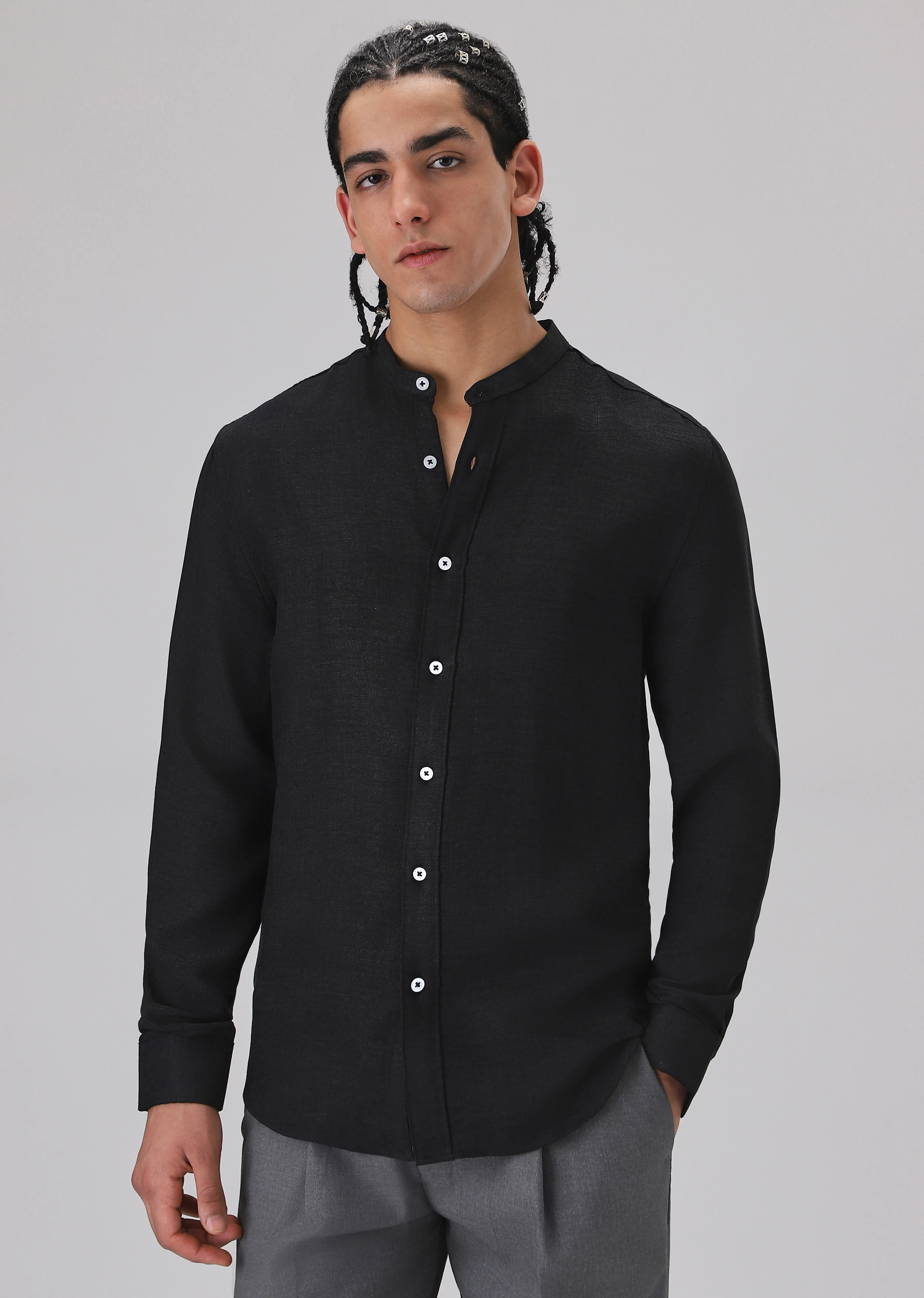 Black Plain Mandarin Collar Shirt - Image 3