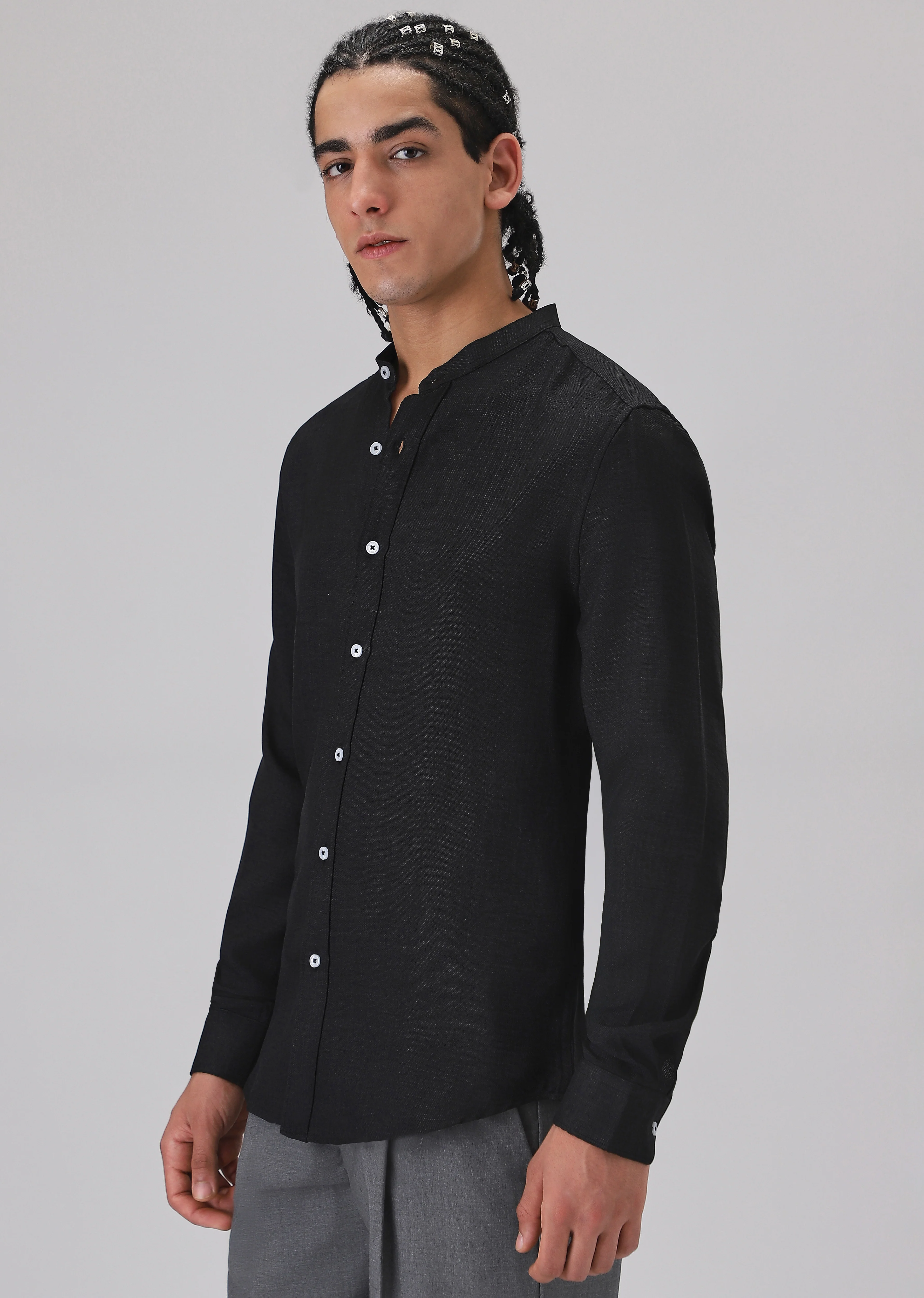Black Plain Mandarin Collar Shirt - Image 4