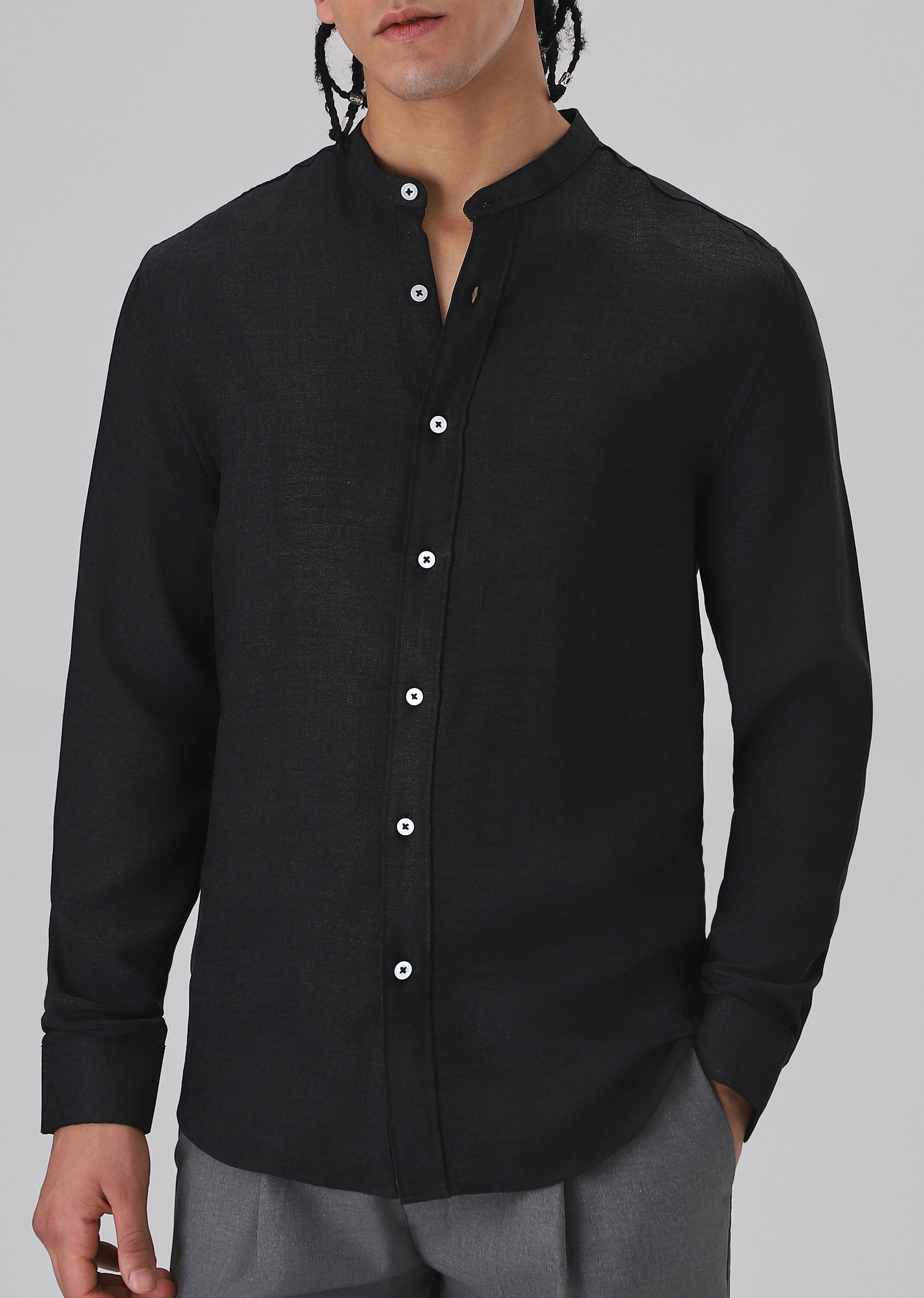 Black Plain Mandarin Collar Shirt - Image 7