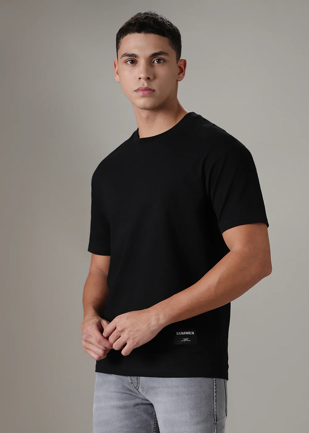 Black Plain Ribbed Regular Fit T-shirt - Image 3