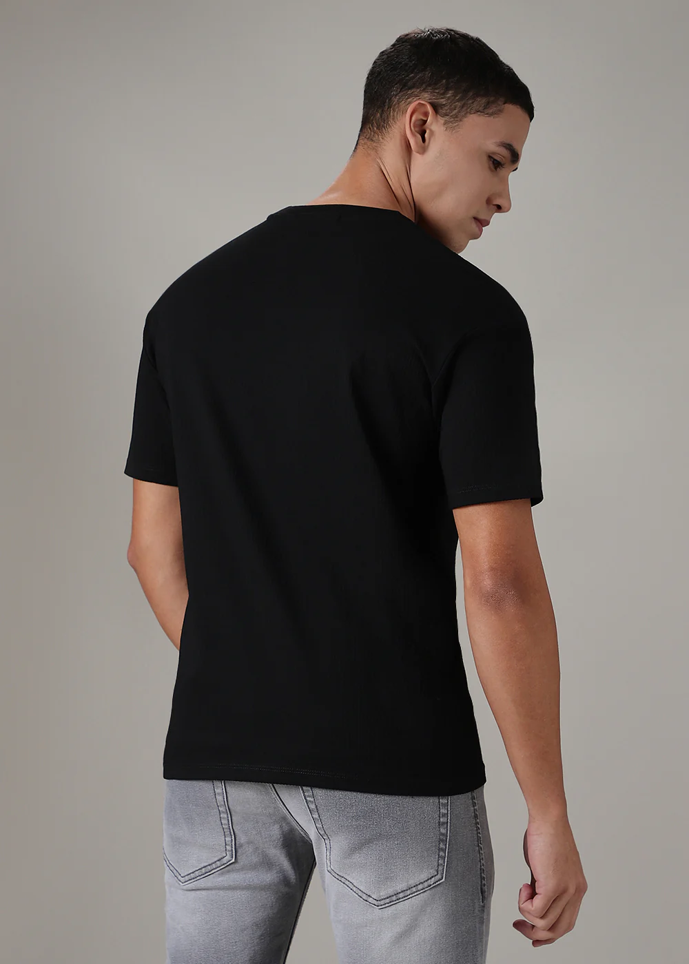 Black Plain Ribbed Regular Fit T-shirt - Image 4