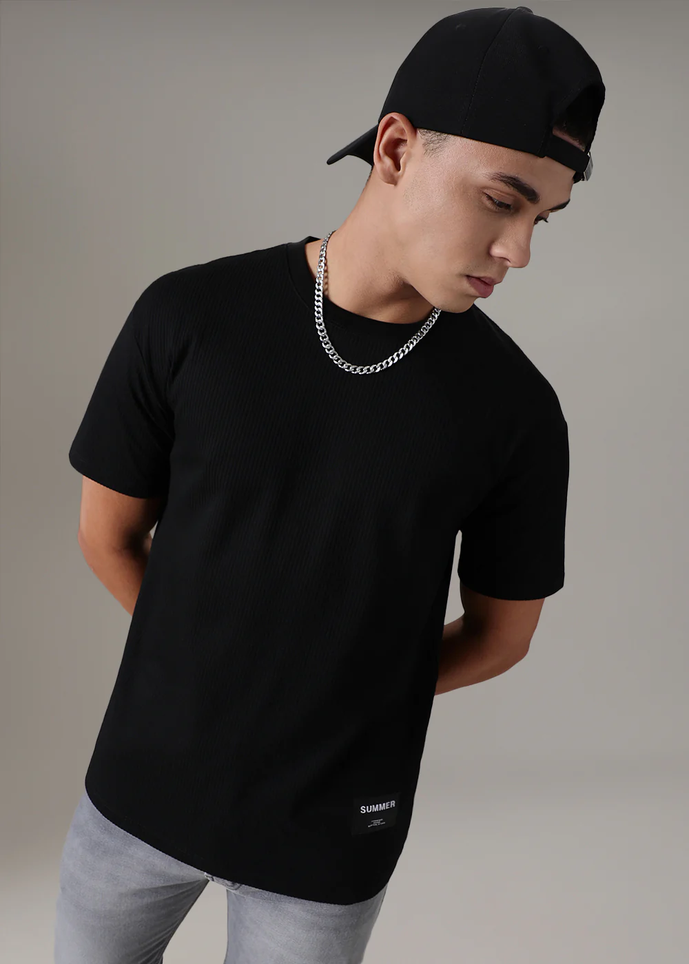 Black Plain Ribbed Regular Fit T-shirt - Image 6