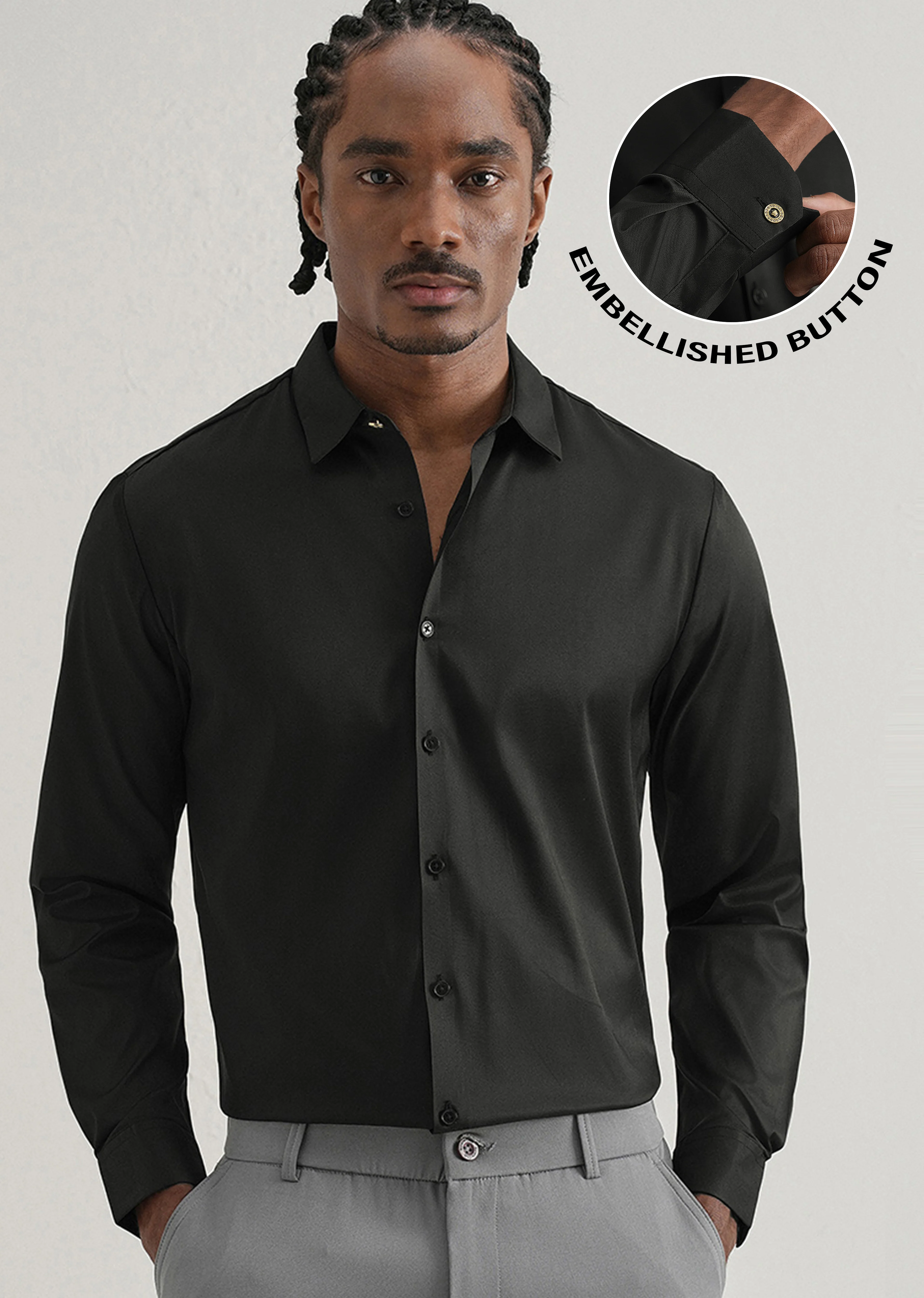 Black Plain Stitchless Placket Shirt - Image 7