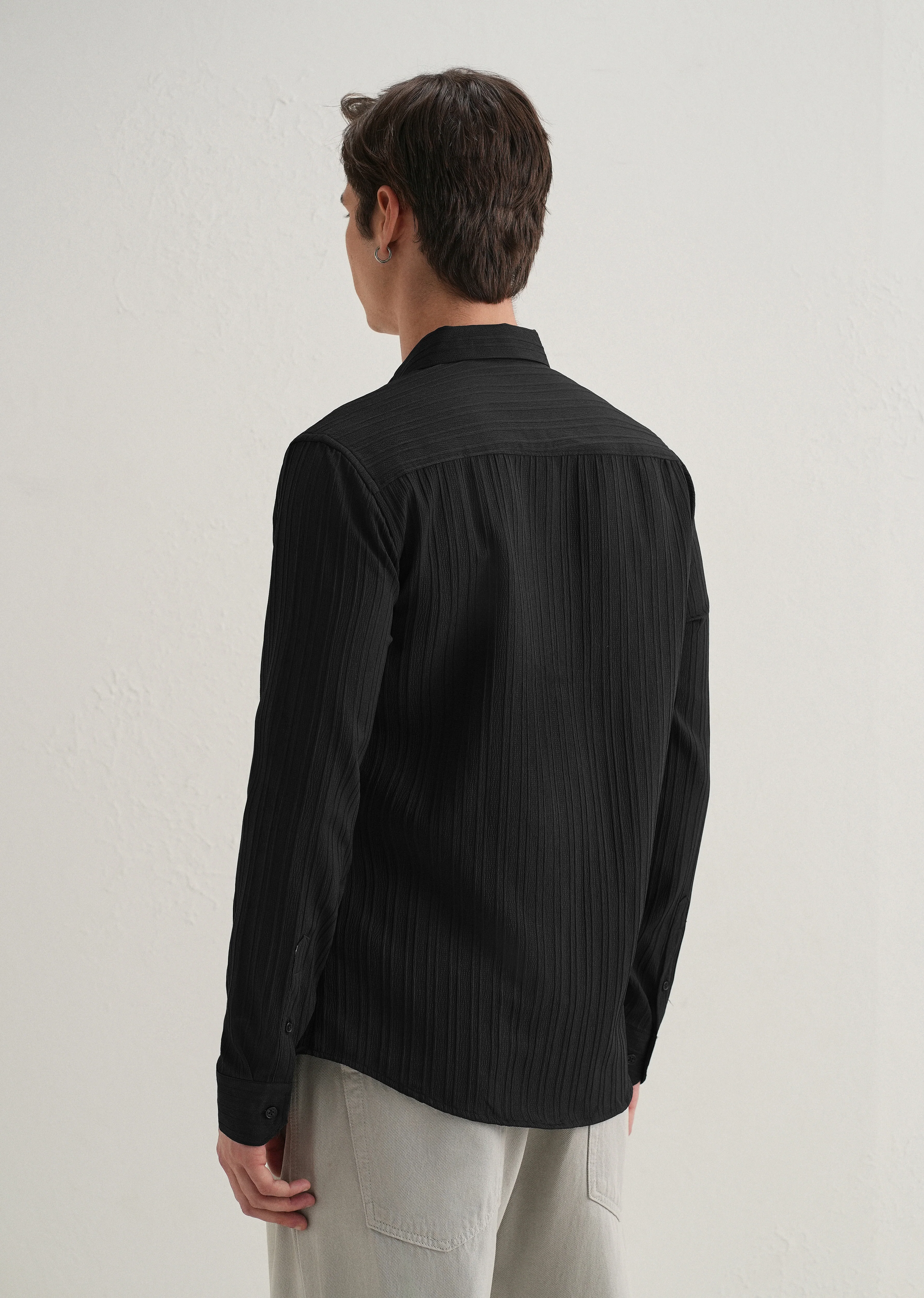 Black Plain Self Striped Shirt - Image 2