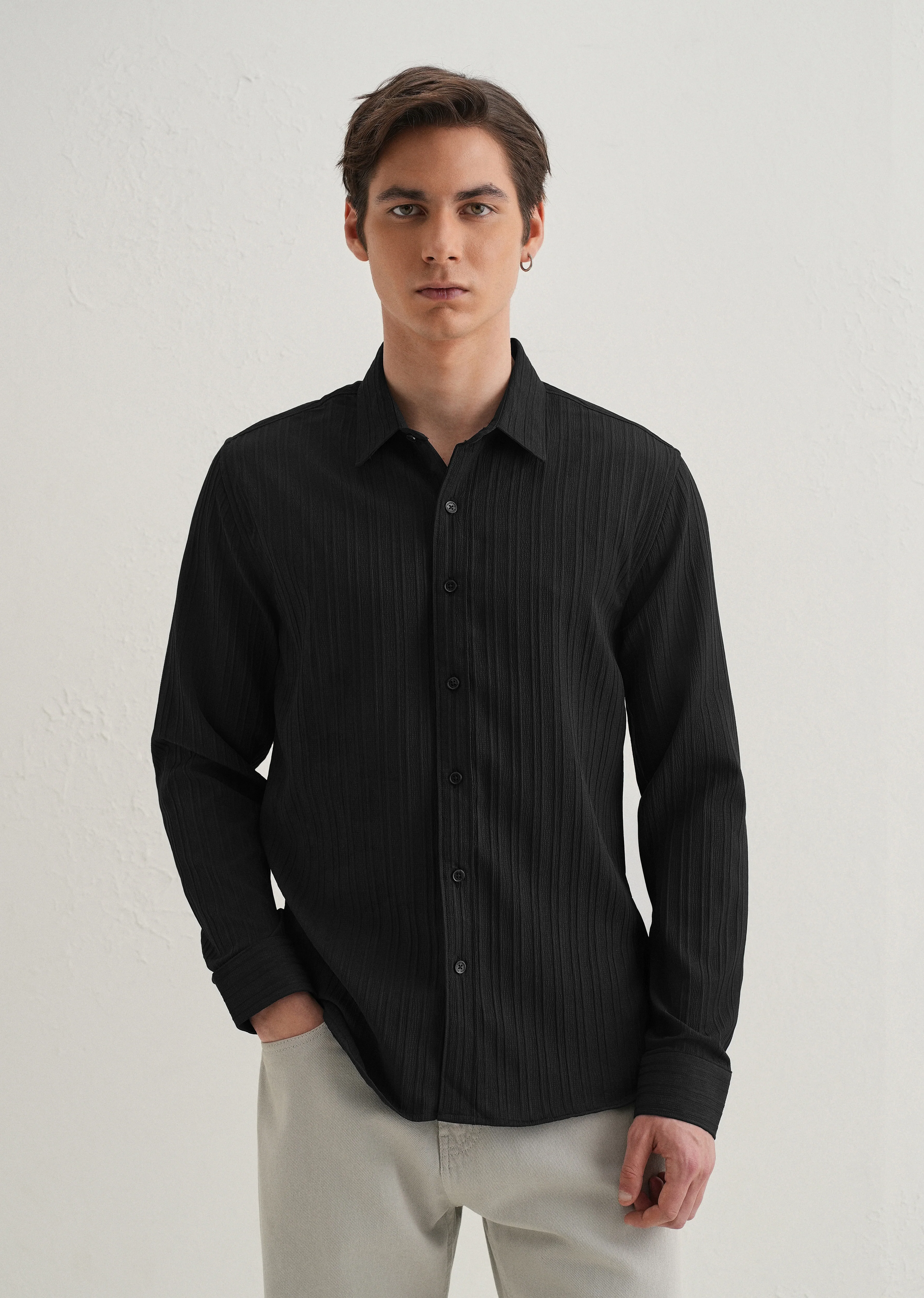 Black Plain Self Striped Shirt - Image 3
