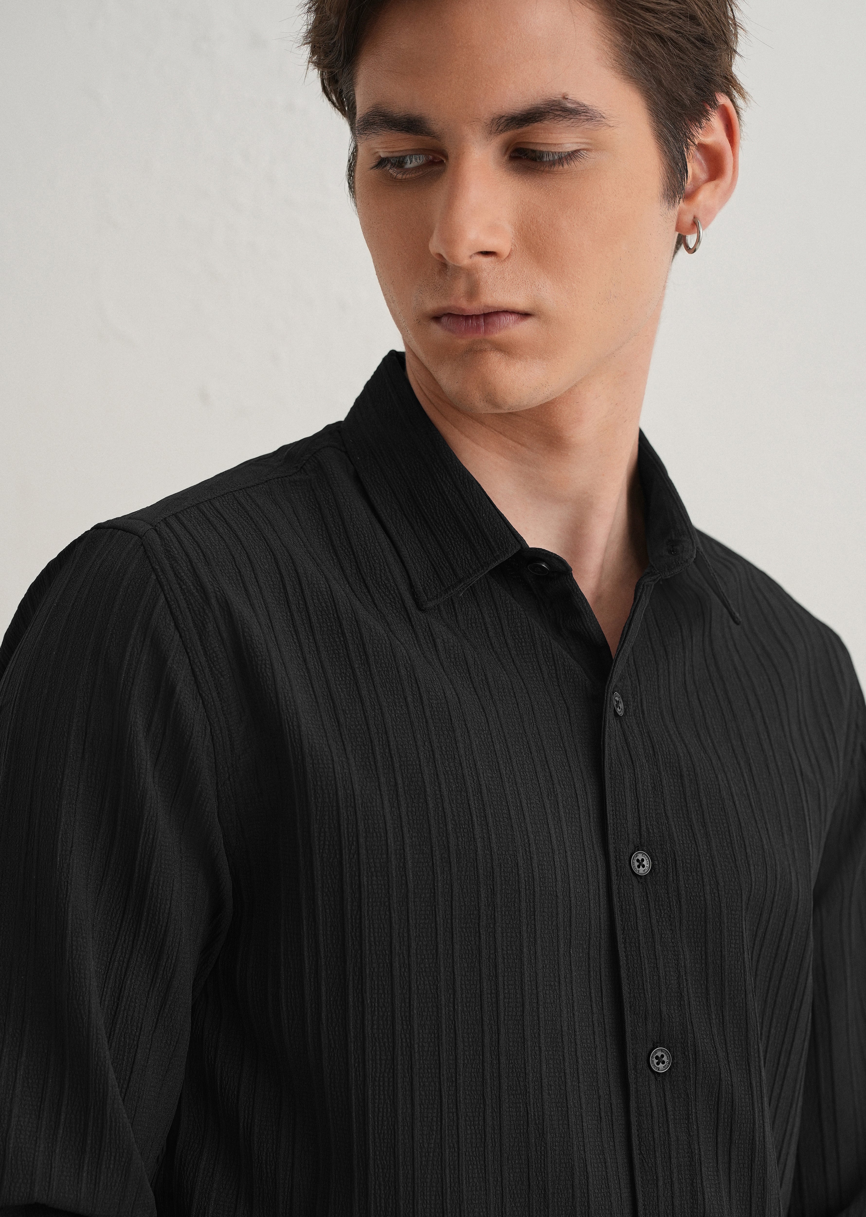 Black Plain Self Striped Shirt - Image 5
