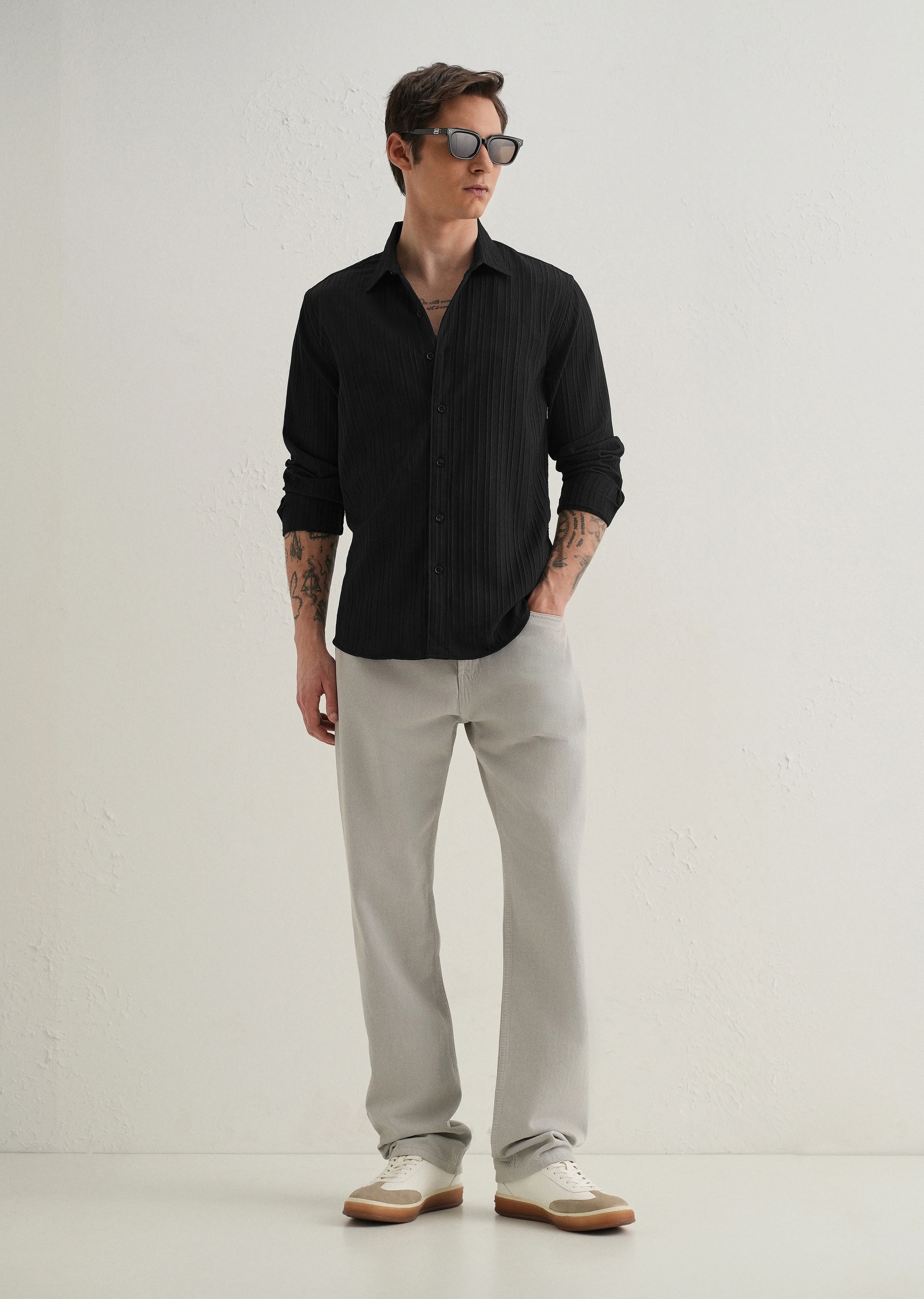 Black Plain Self Striped Shirt - Image 6