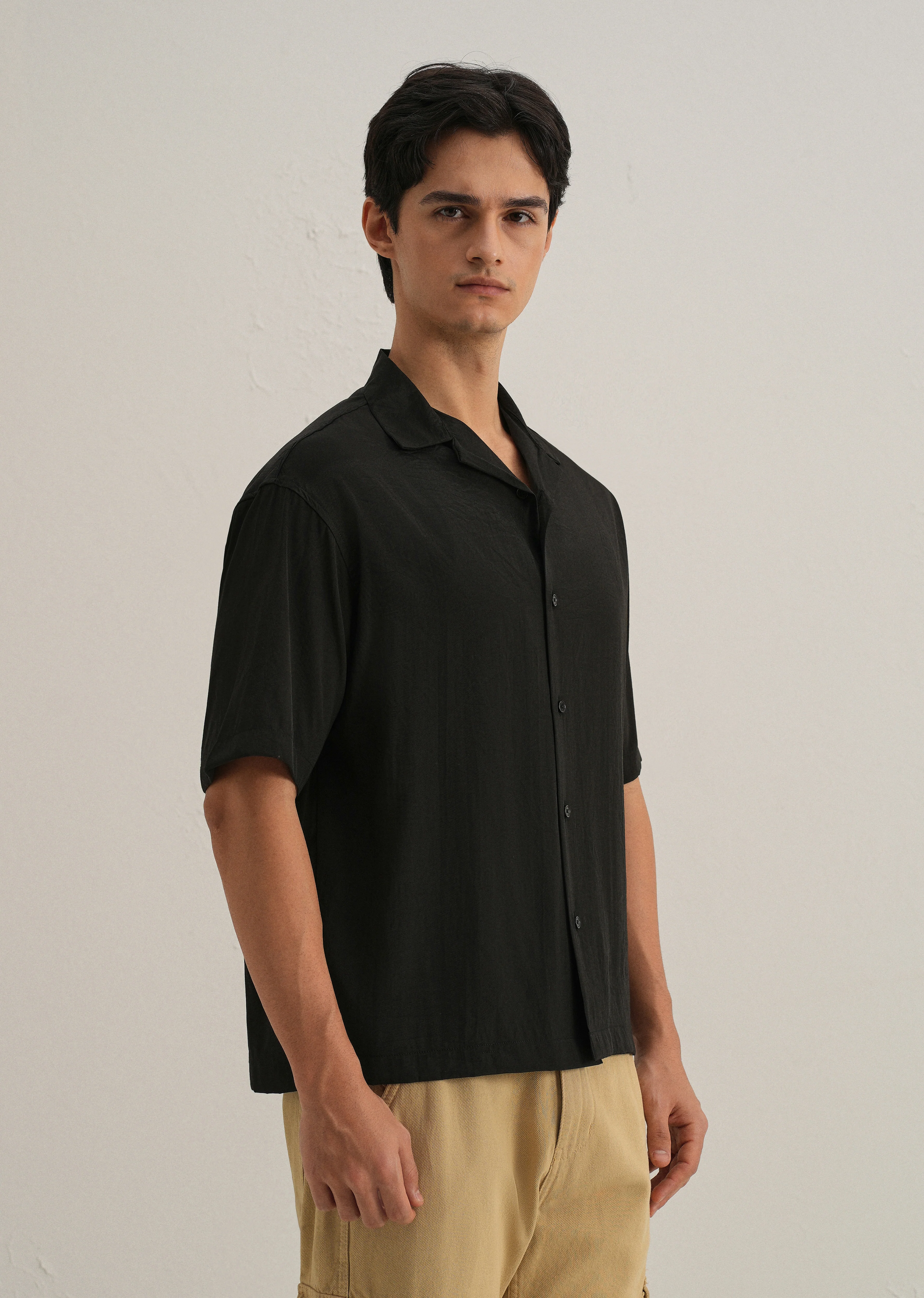 Black Plain Sheen Cuban Collar Shirt - Image 4