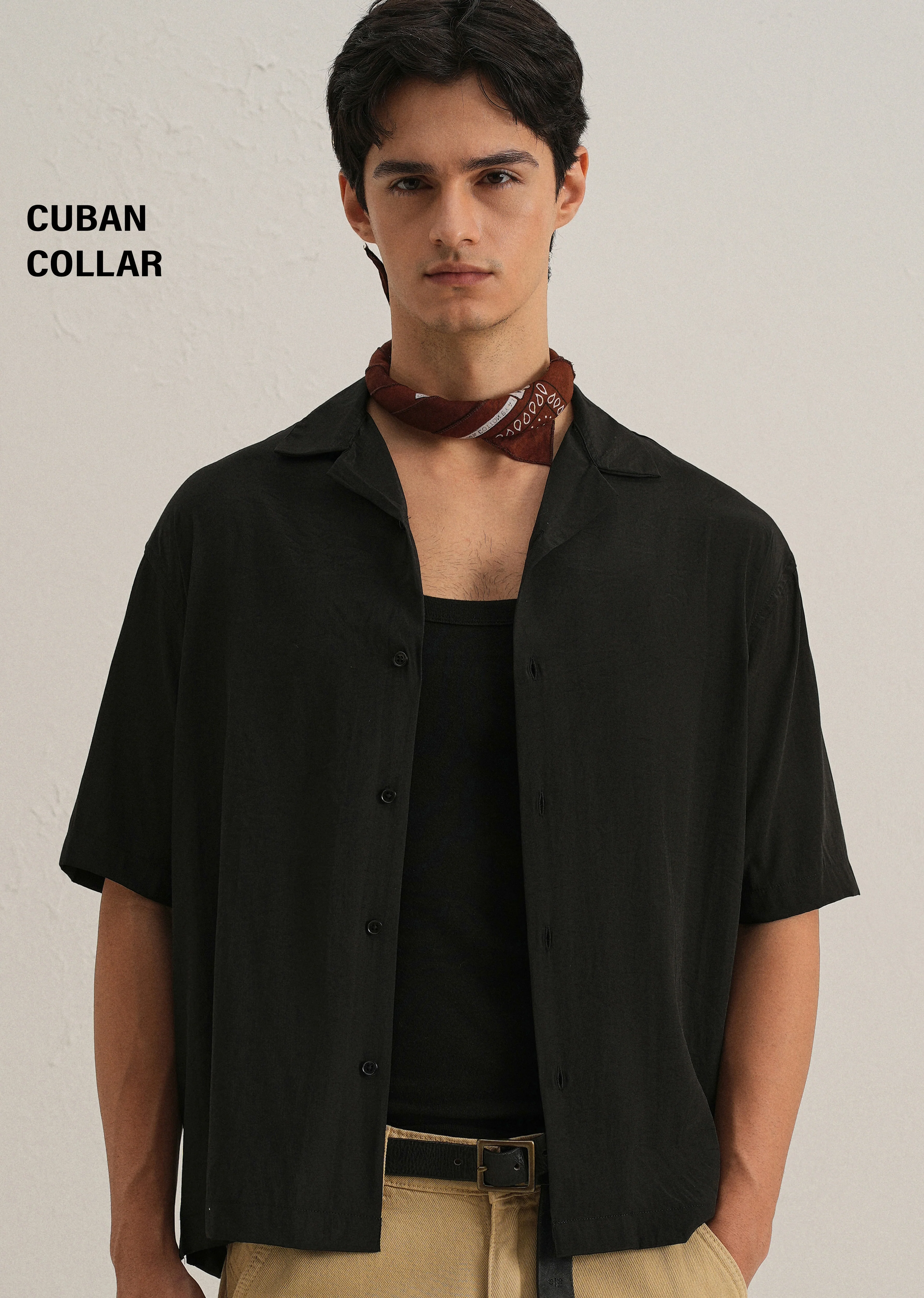 Black Plain Sheen Cuban Collar Shirt - Image 7