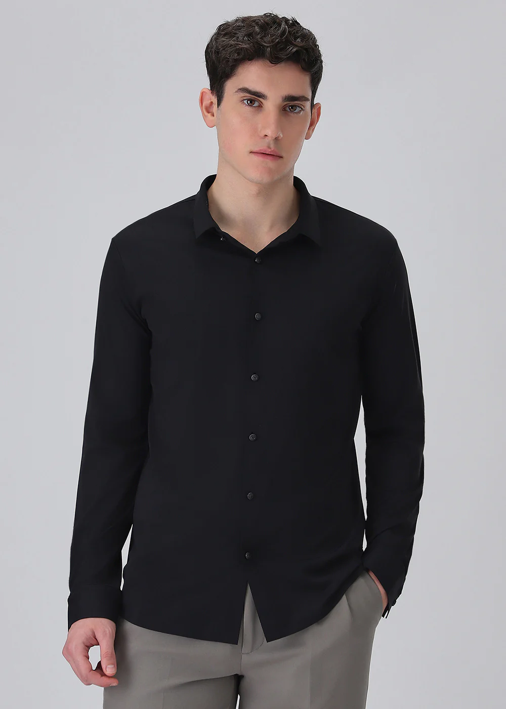 Black Plain Stitchless Stretch Shirt - Image 3