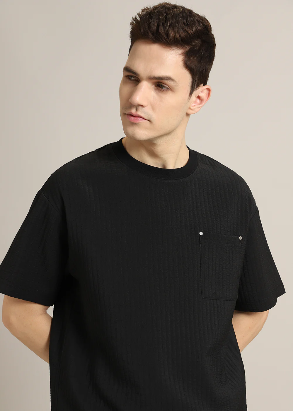 Black Plain Textured Oversized T-shirt - Image 3