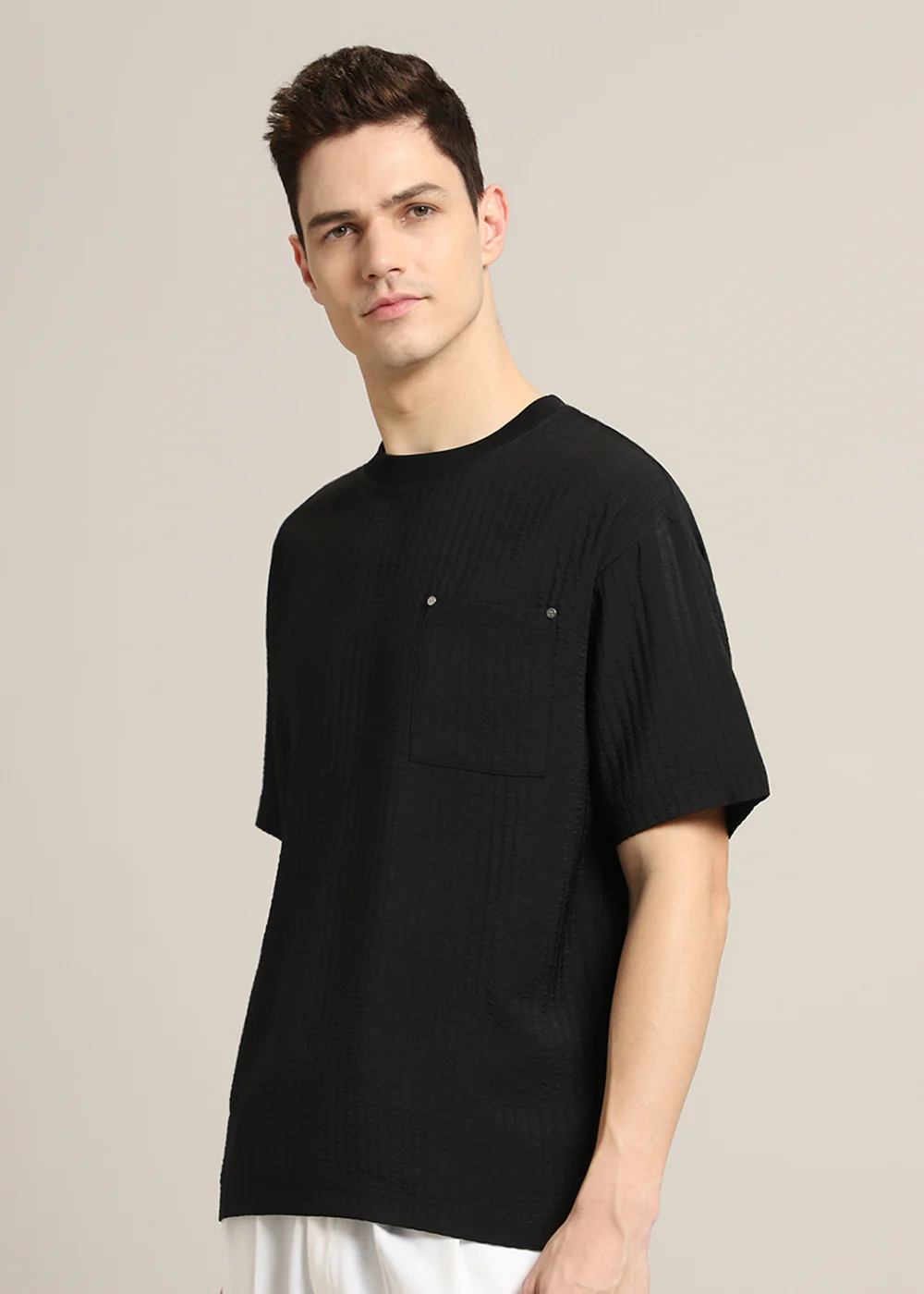 Black Plain Textured Oversized T-shirt - Image 5