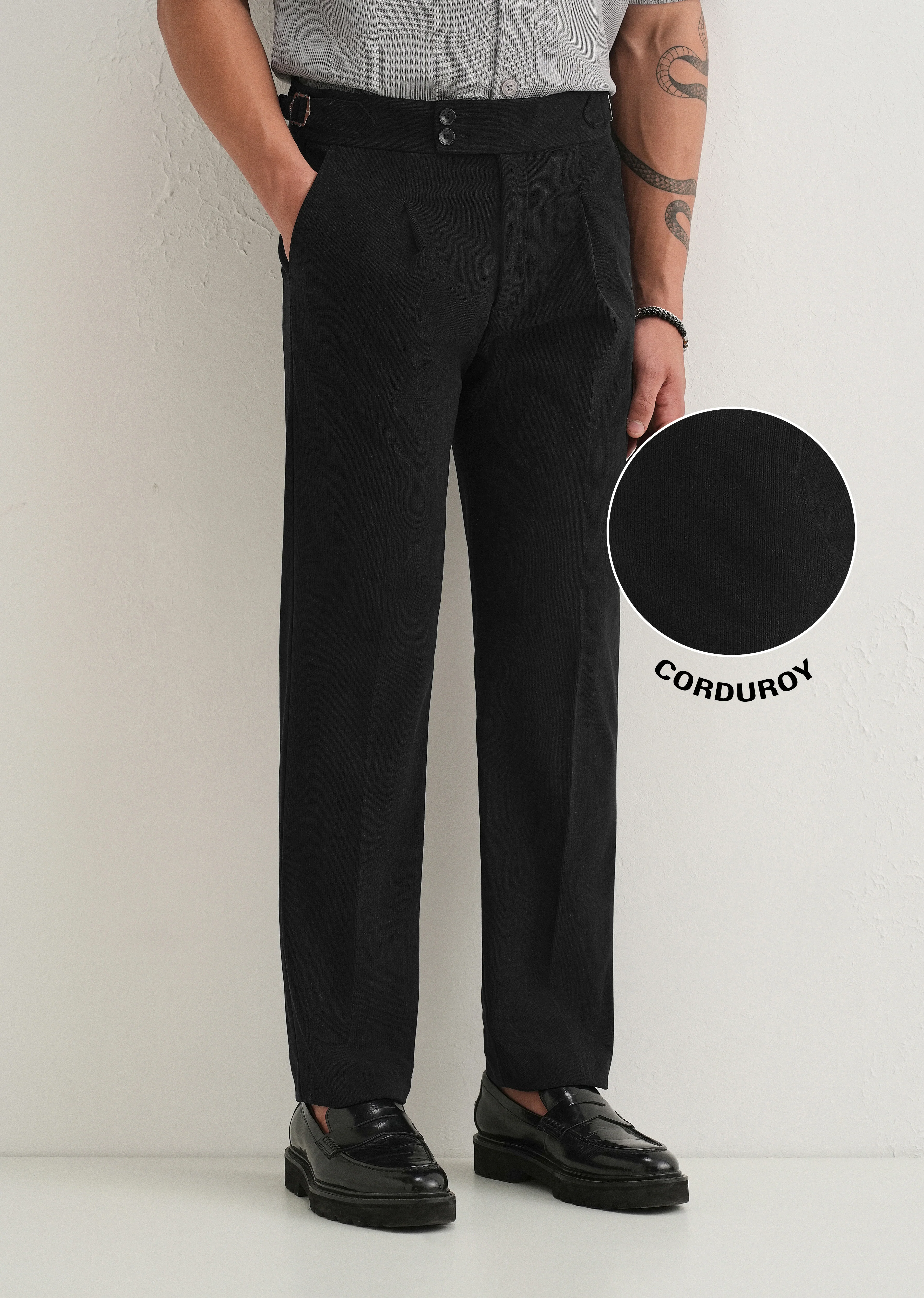 Black Pleated Corduroy Gurkha Pant - Image 8