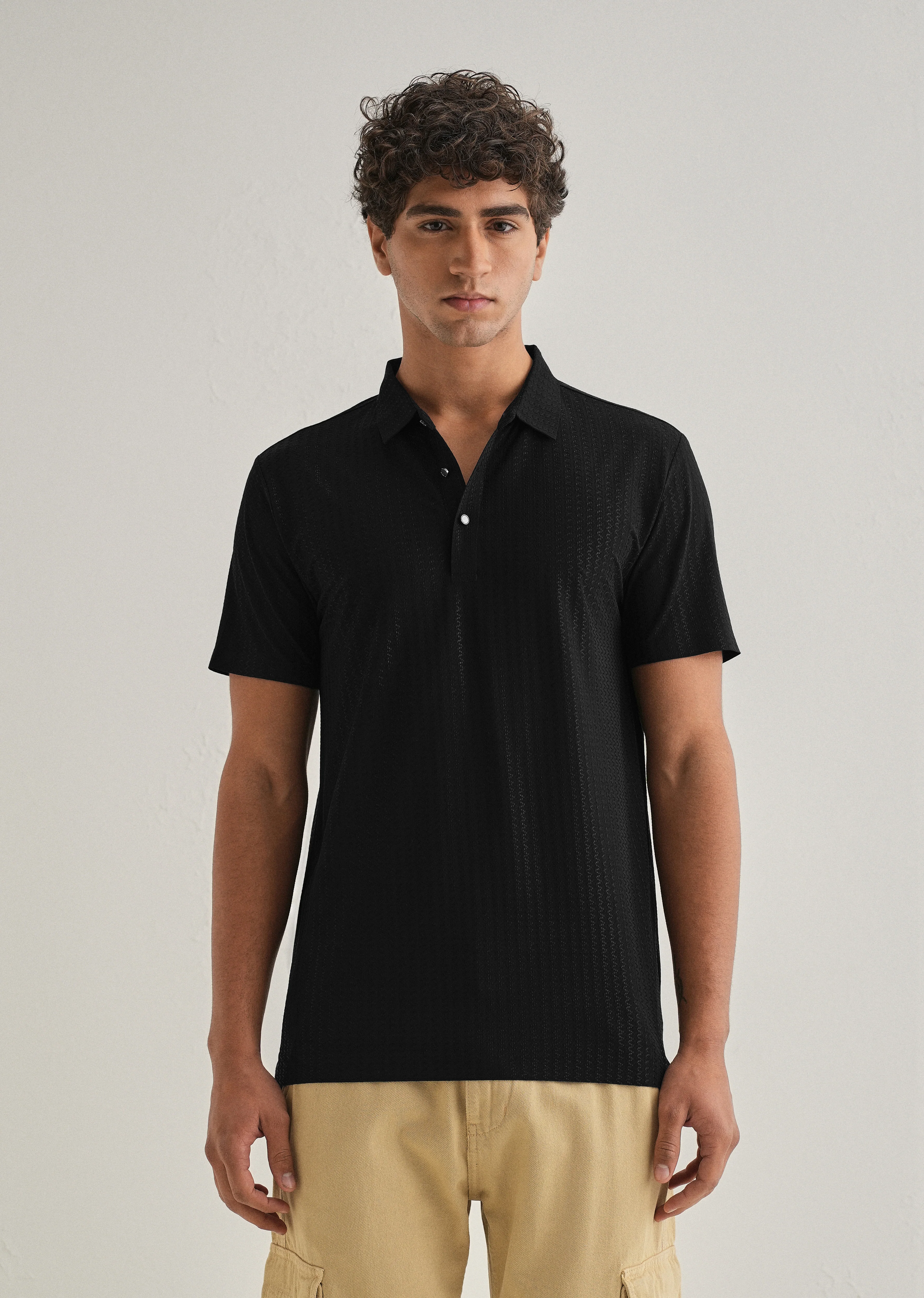 Black Polo Collar Printed Seamless T-shirt - Image 4