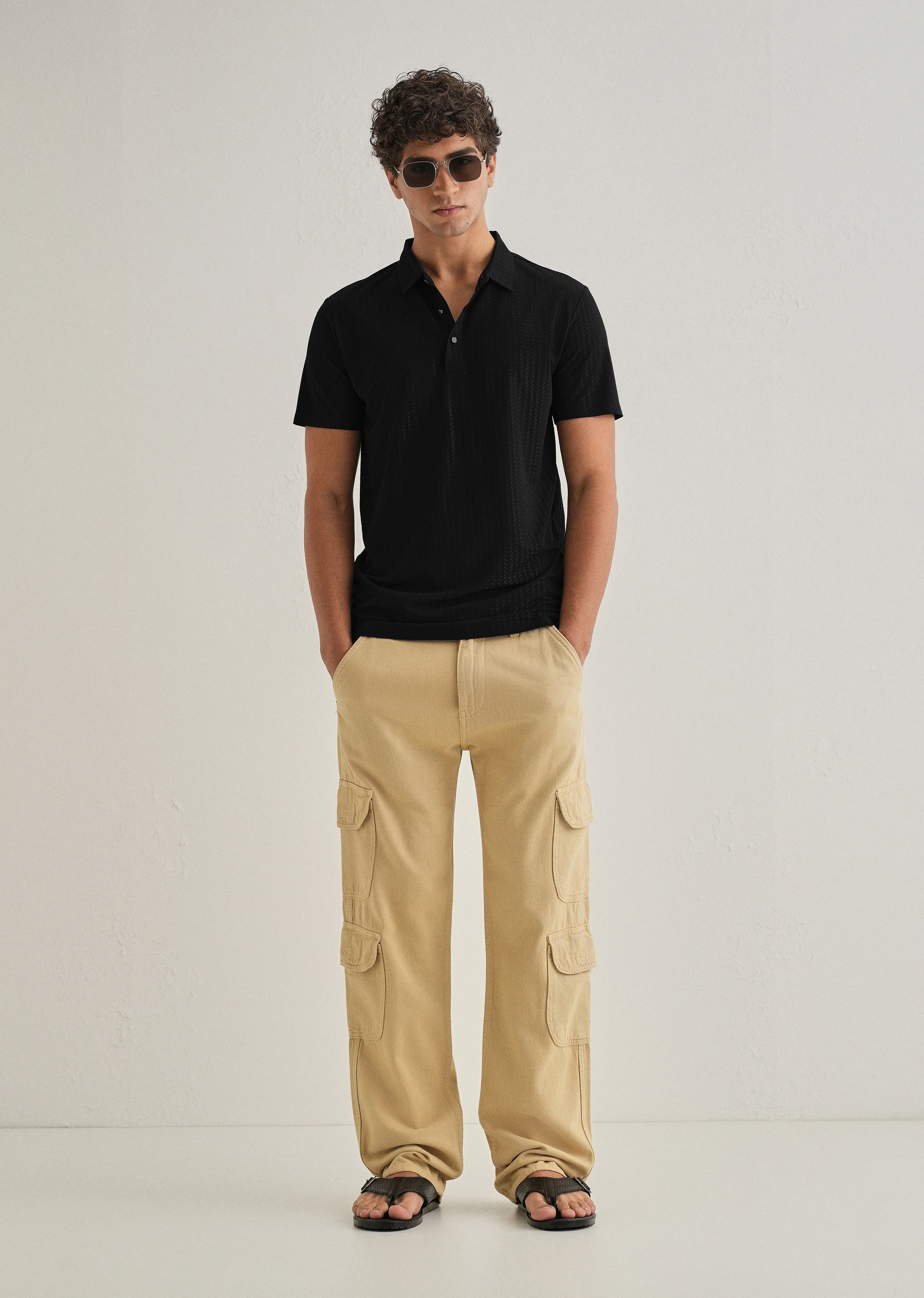 Black Polo Collar Printed Seamless T-shirt - Image 6